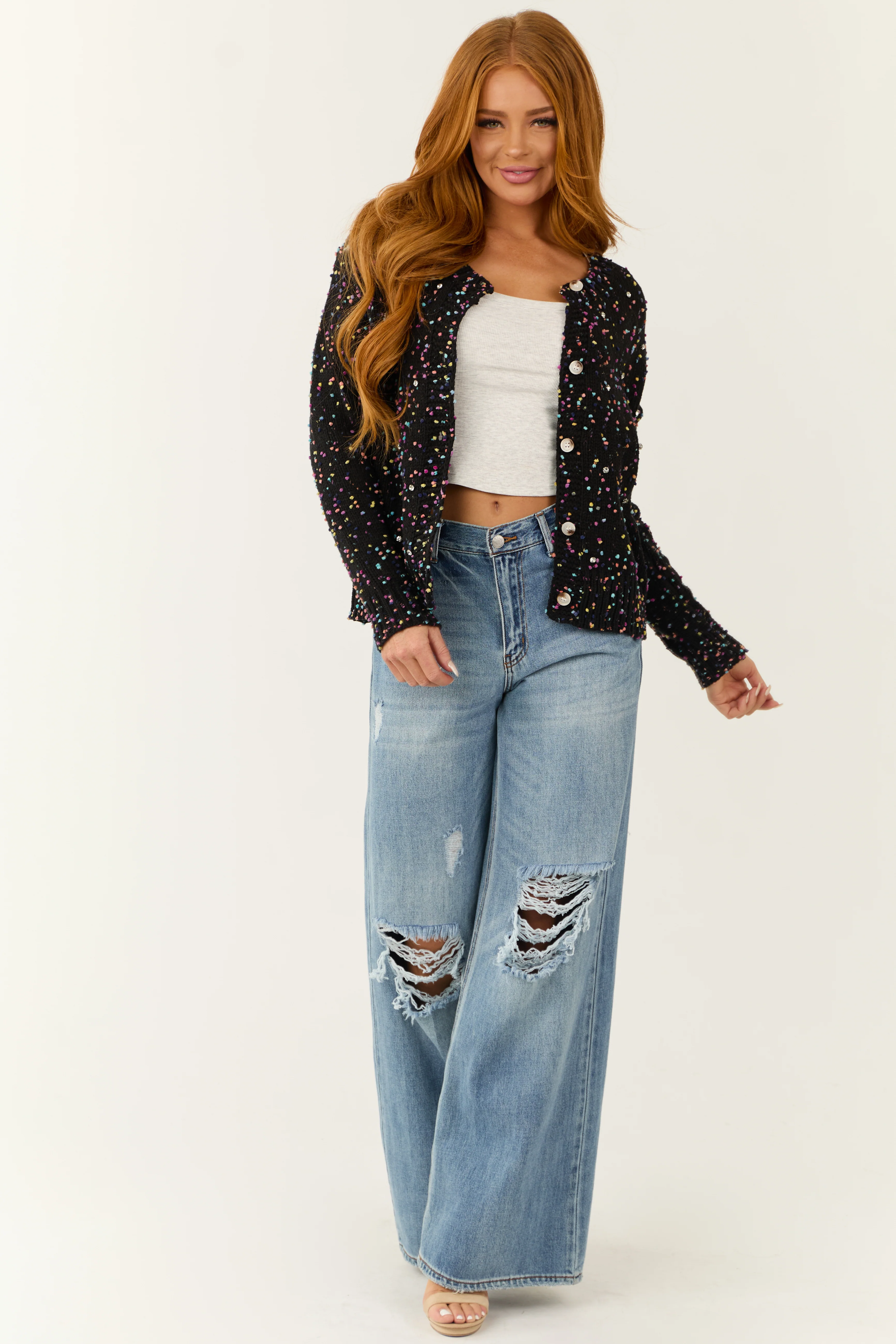 Black Confetti Knit Rhinestone Detail Cardigan - Image 2