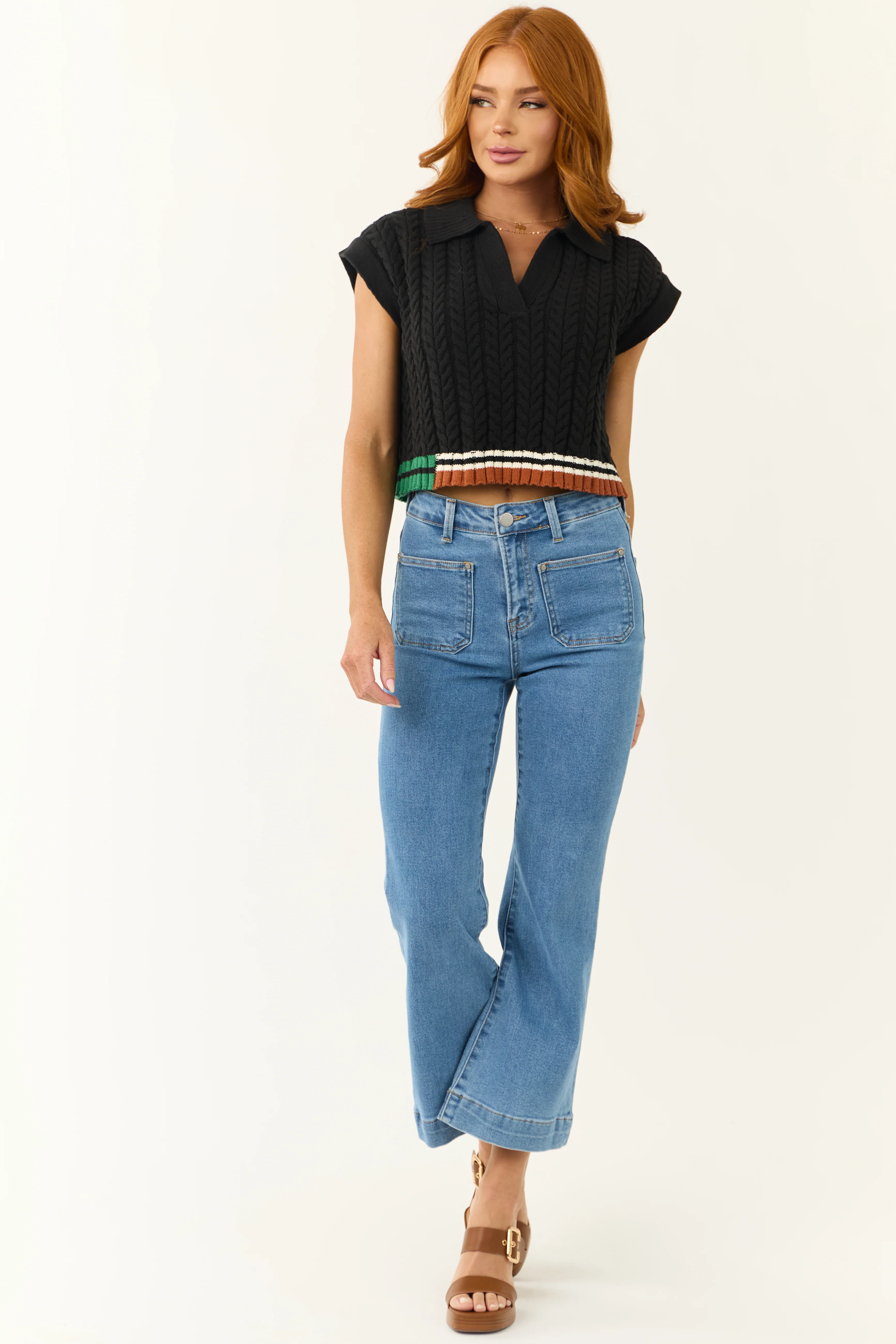 Black Contrast Hem Cropped Sweater Top - Image 2