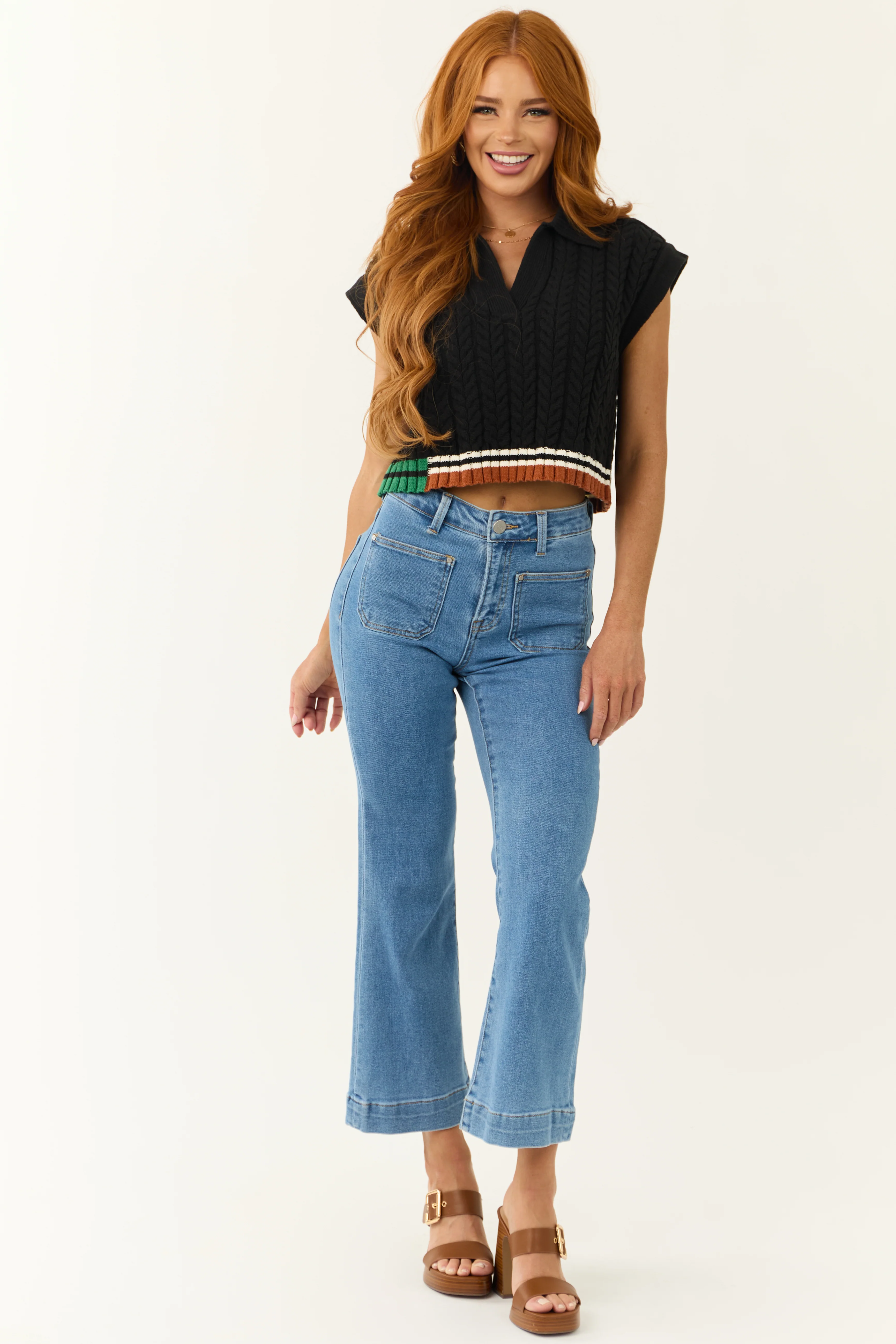 Black Contrast Hem Cropped Sweater Top - Image 3