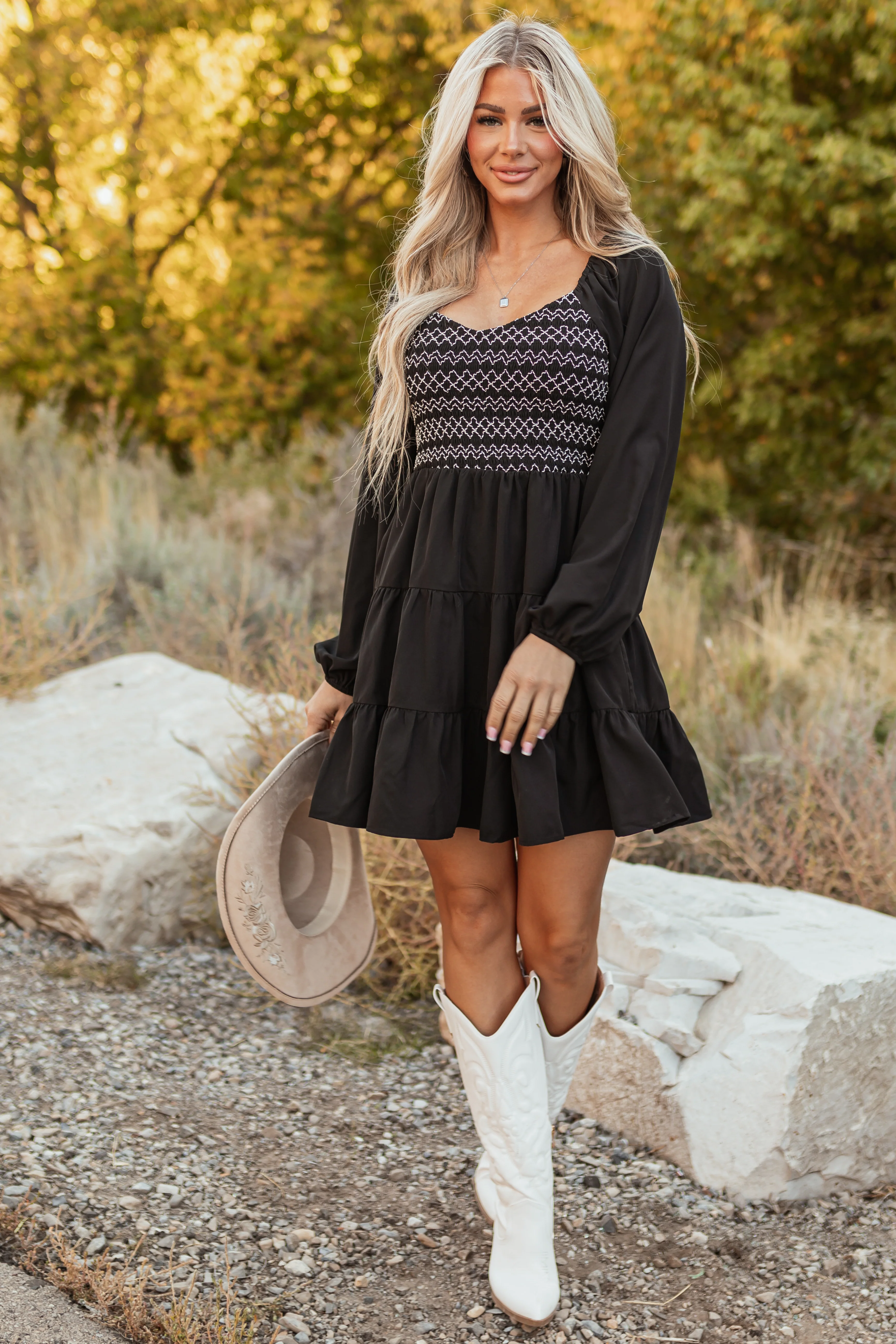 Black Contrast Smocked Long Sleeve Mini Dress - Image 2
