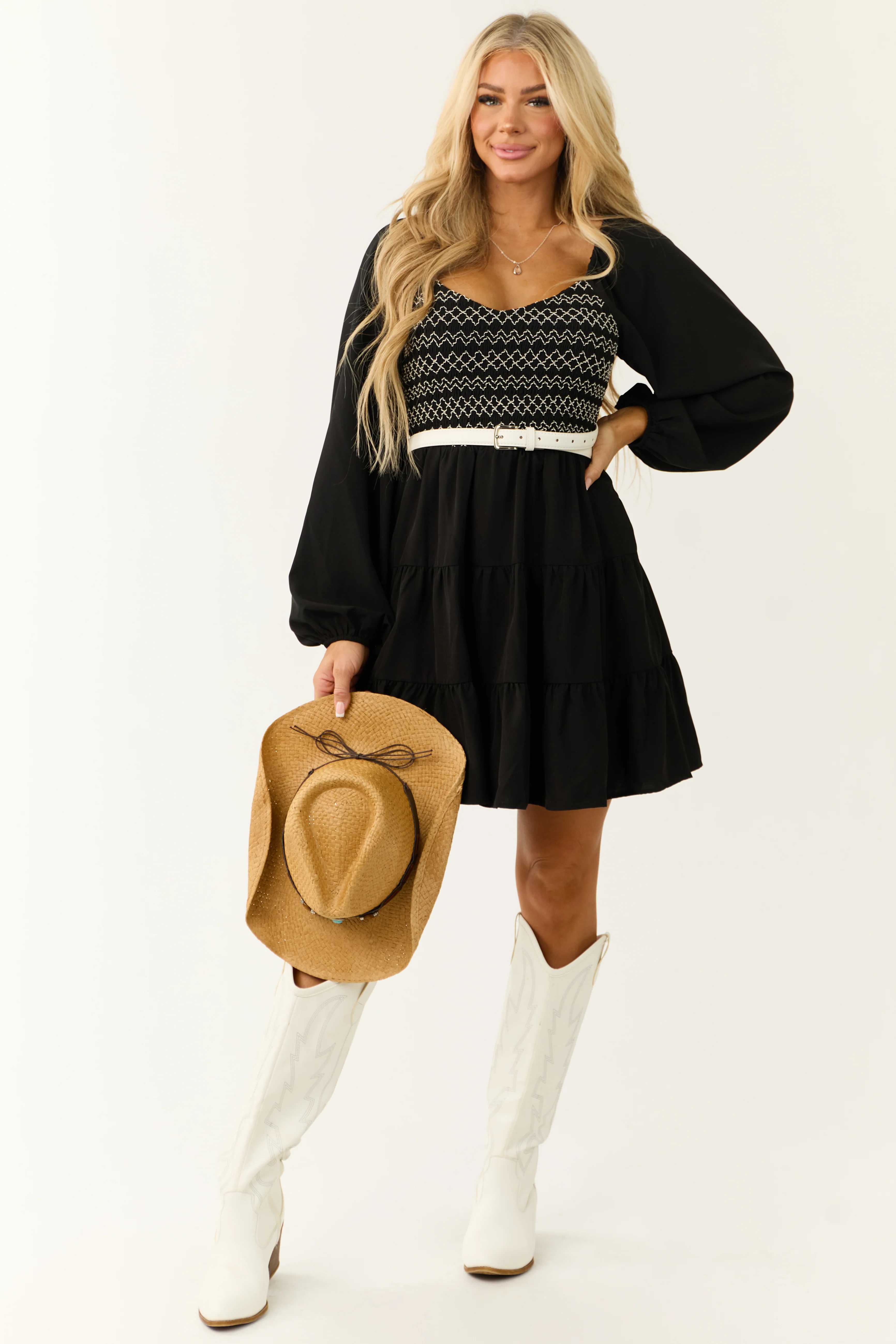 Black Contrast Smocked Long Sleeve Mini Dress - Image 3