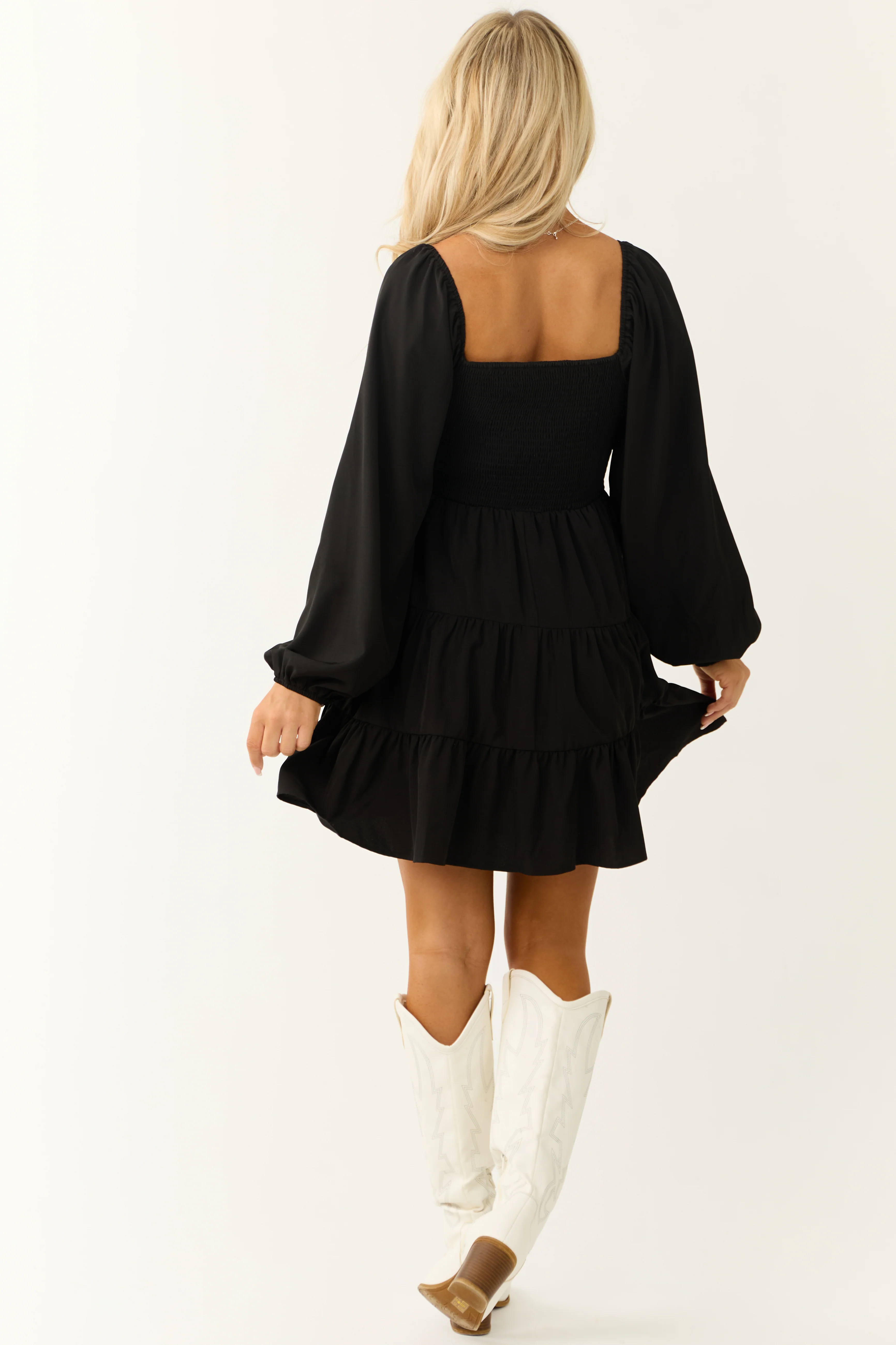 Black Contrast Smocked Long Sleeve Mini Dress - Image 6