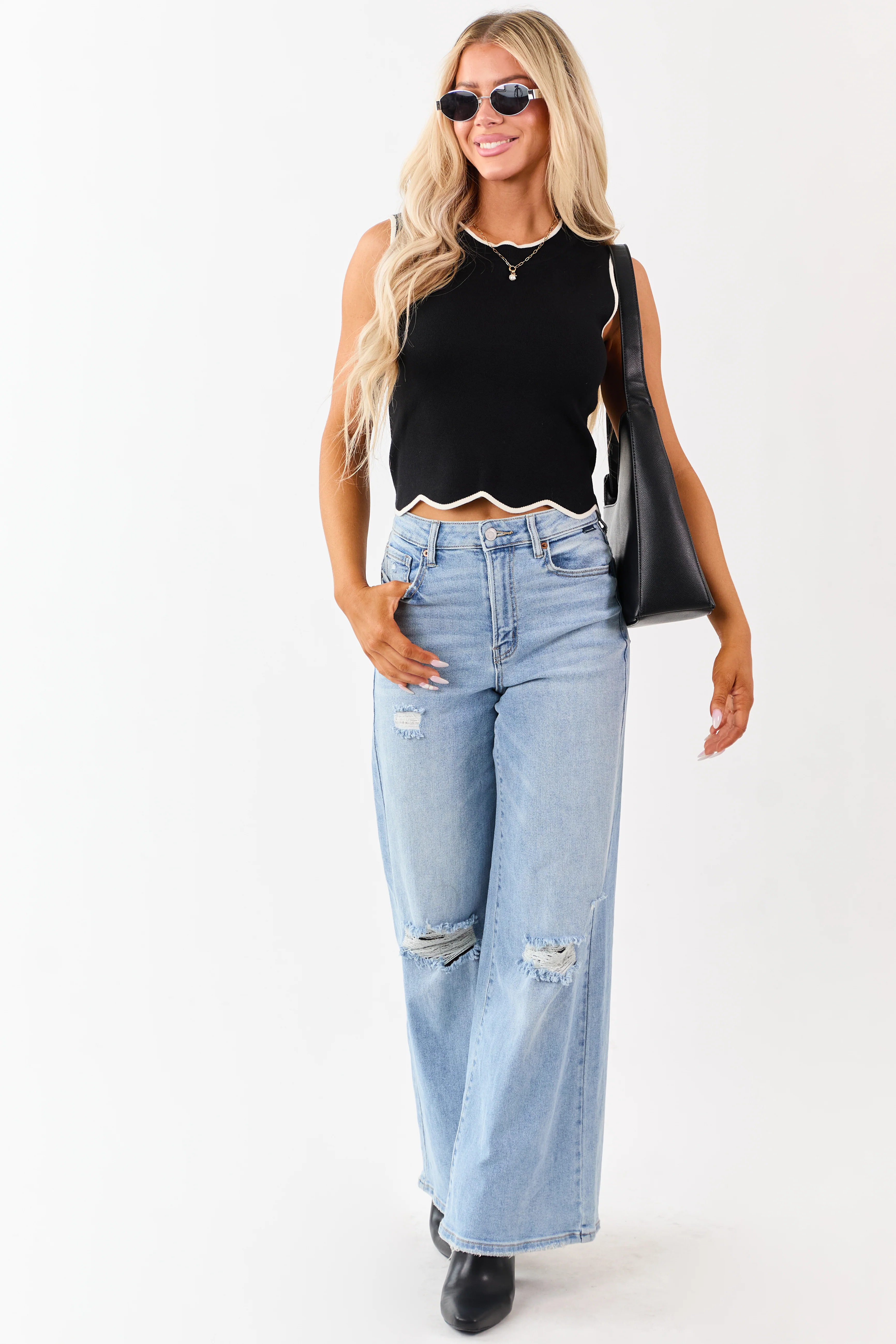 Black Contrast Trim Scalloped Hem Knit Tank Top - Image 2