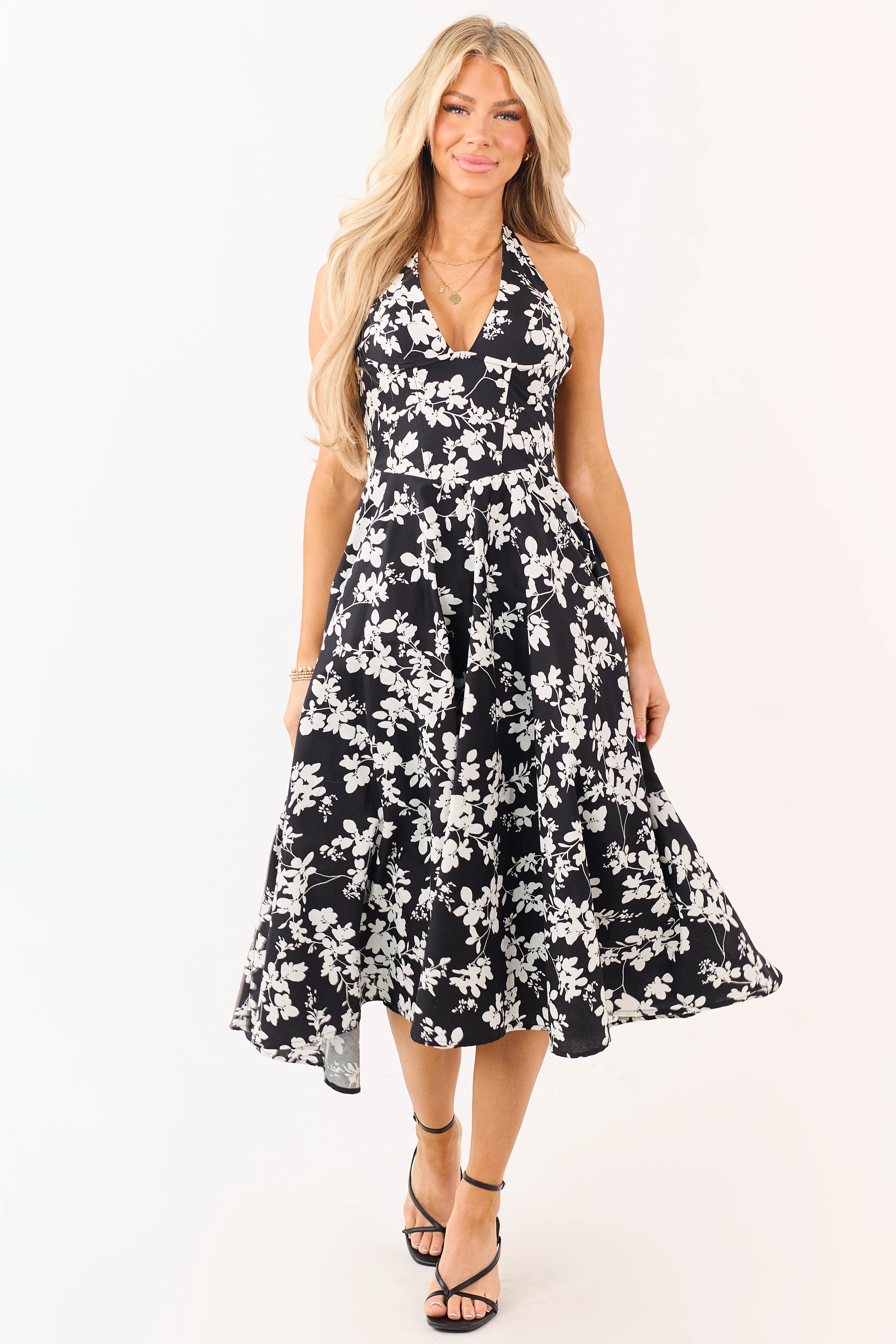 Black Cotton Floral Print Halter Neck Midi Dress - Image 2