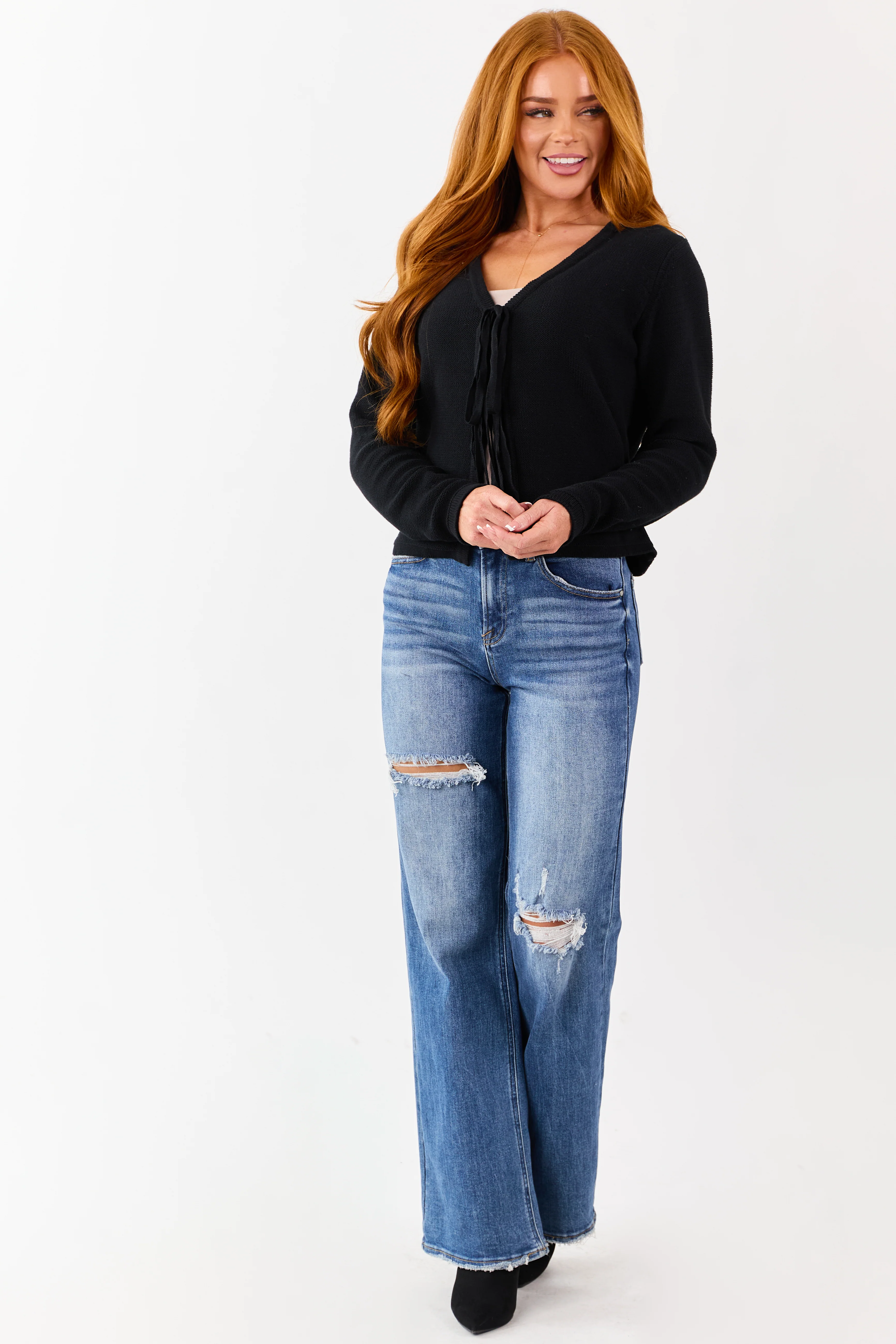 Black Cotton Front Tie Long Sleeve Cardigan - Image 3