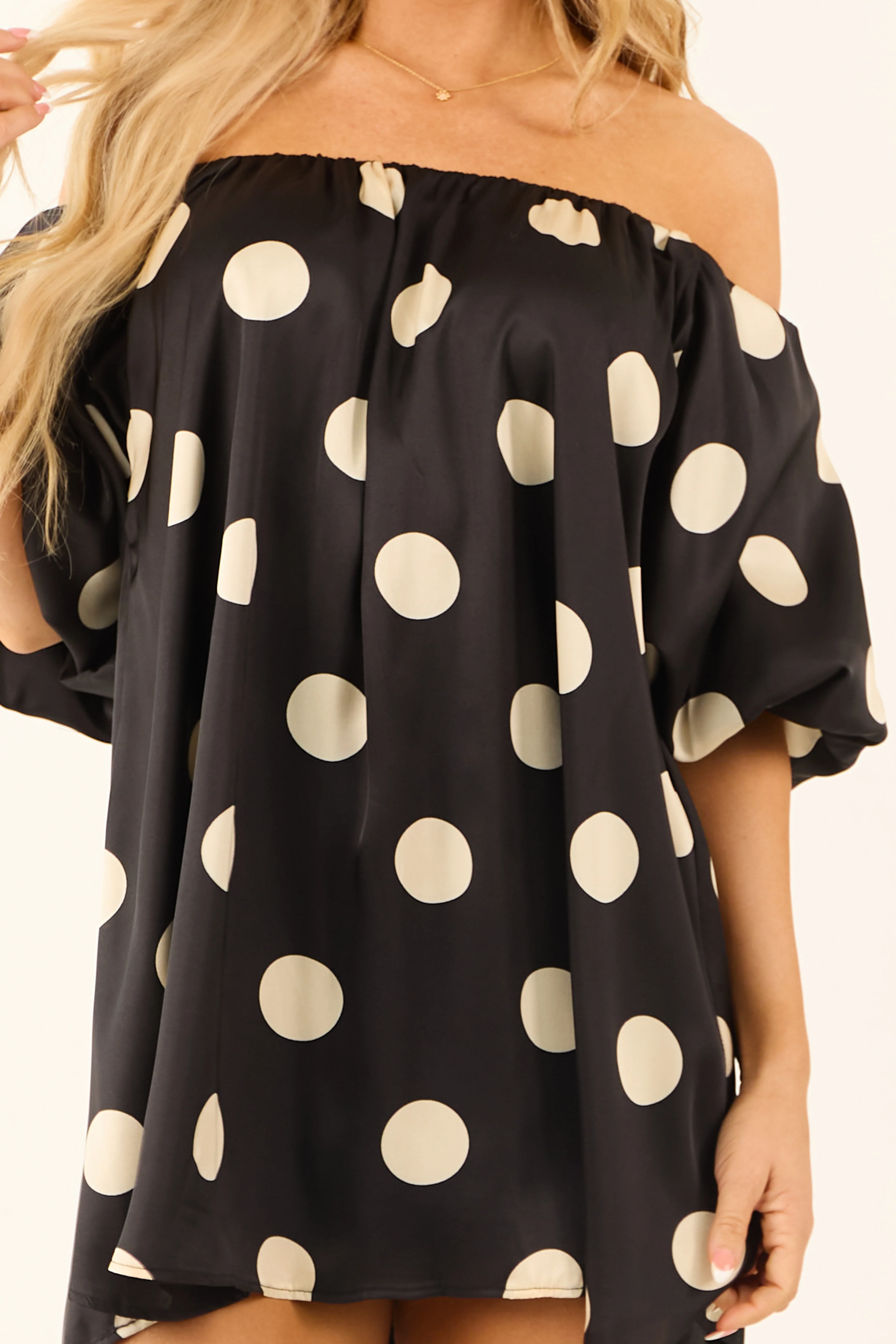 Black and Cream Polka Dot Off Shoulder Mini Dress - Image 6