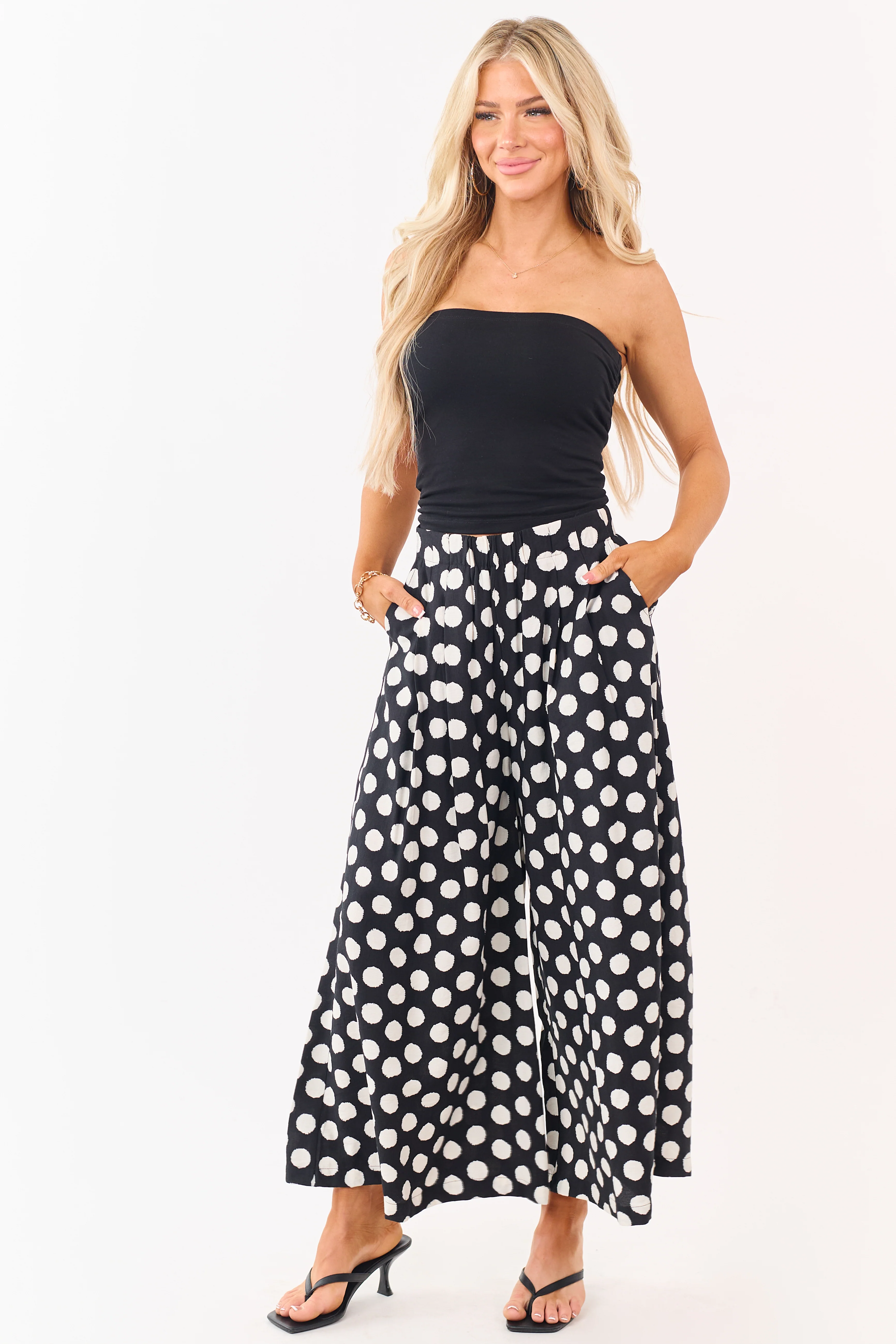 Black and Cream Polka Dot Wide Leg Pants - Image 5