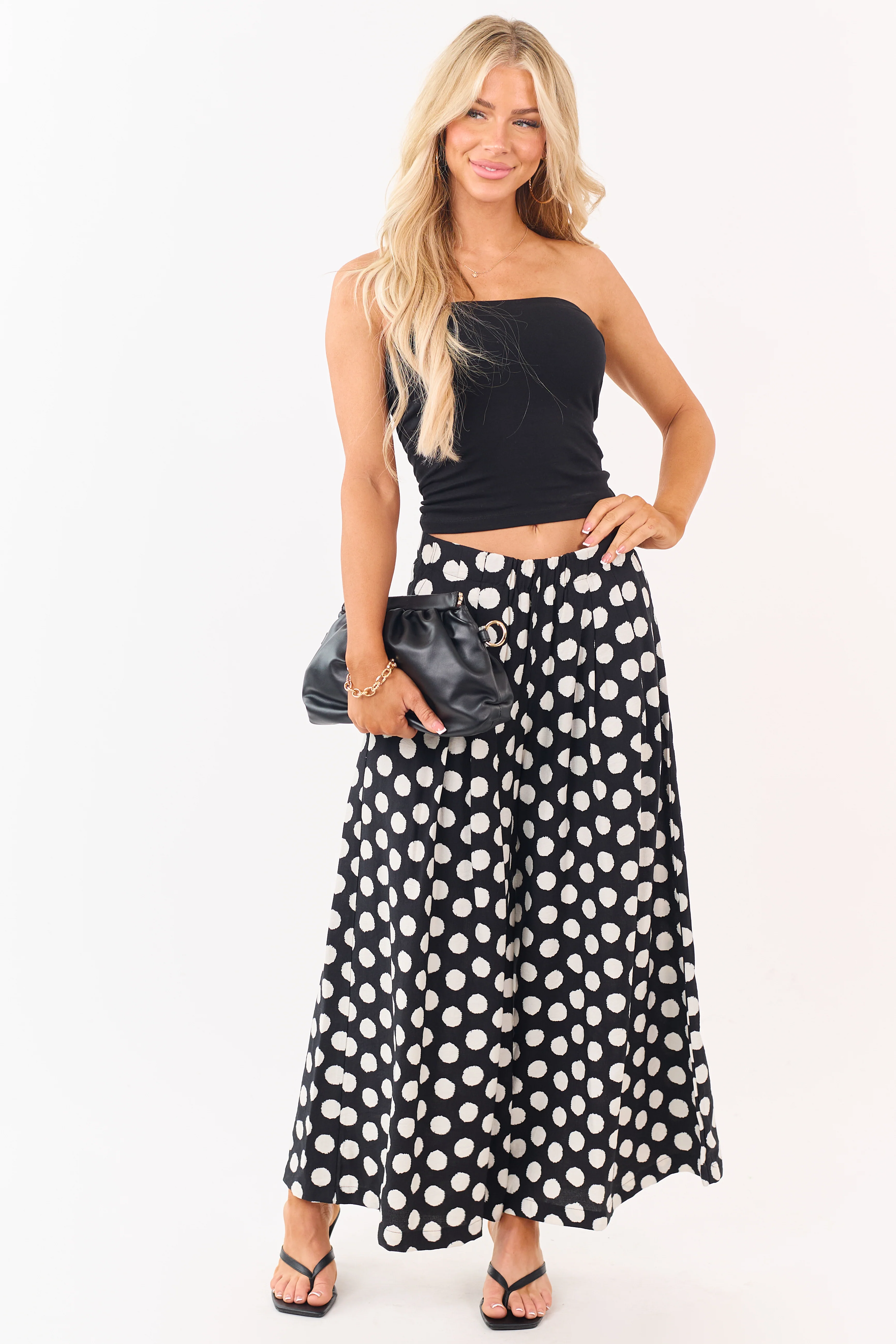 Black and Cream Polka Dot Wide Leg Pants - Image 6