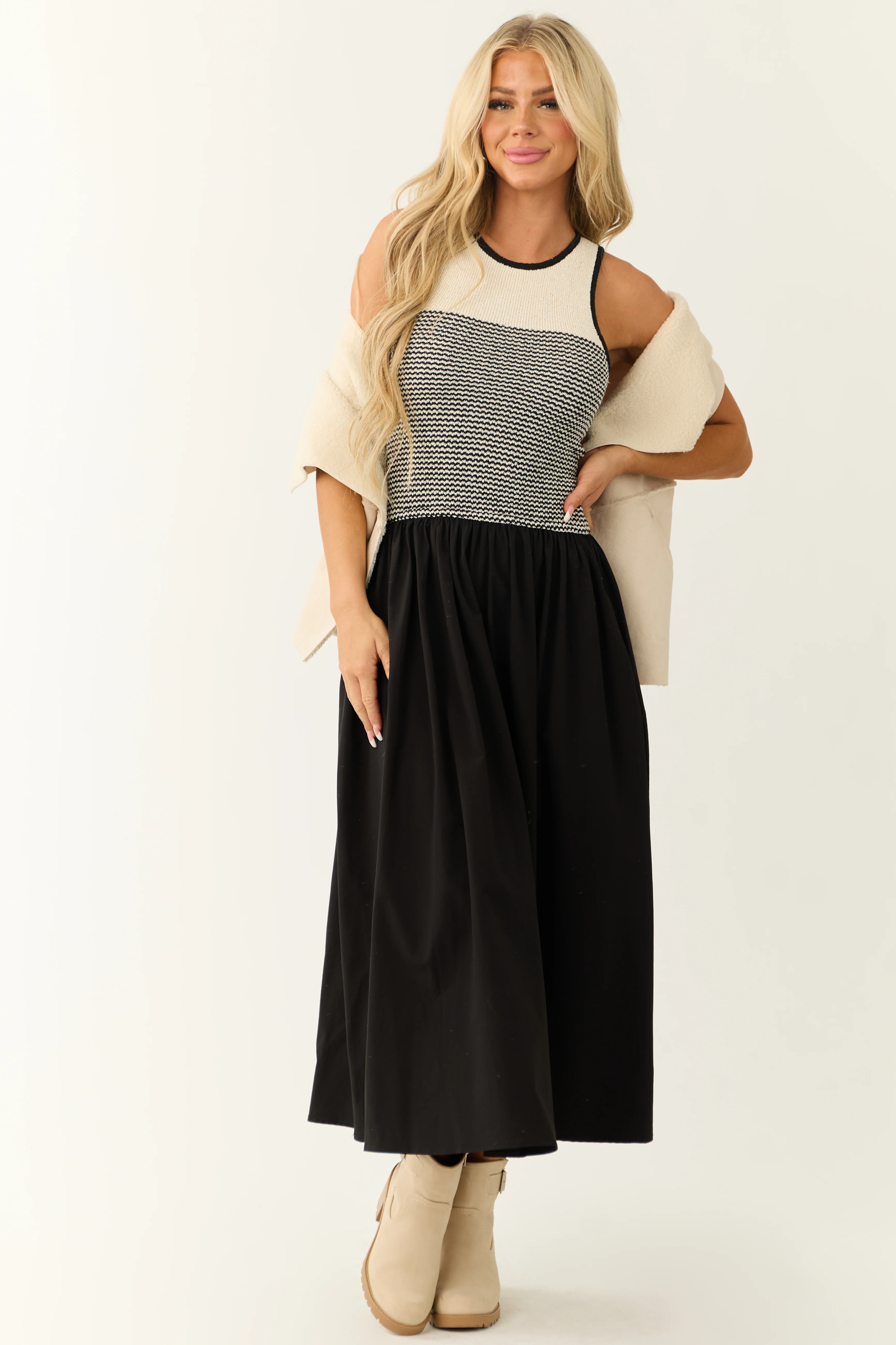 Black and Cream Sleeveless Striped Midi Dress - Image 4