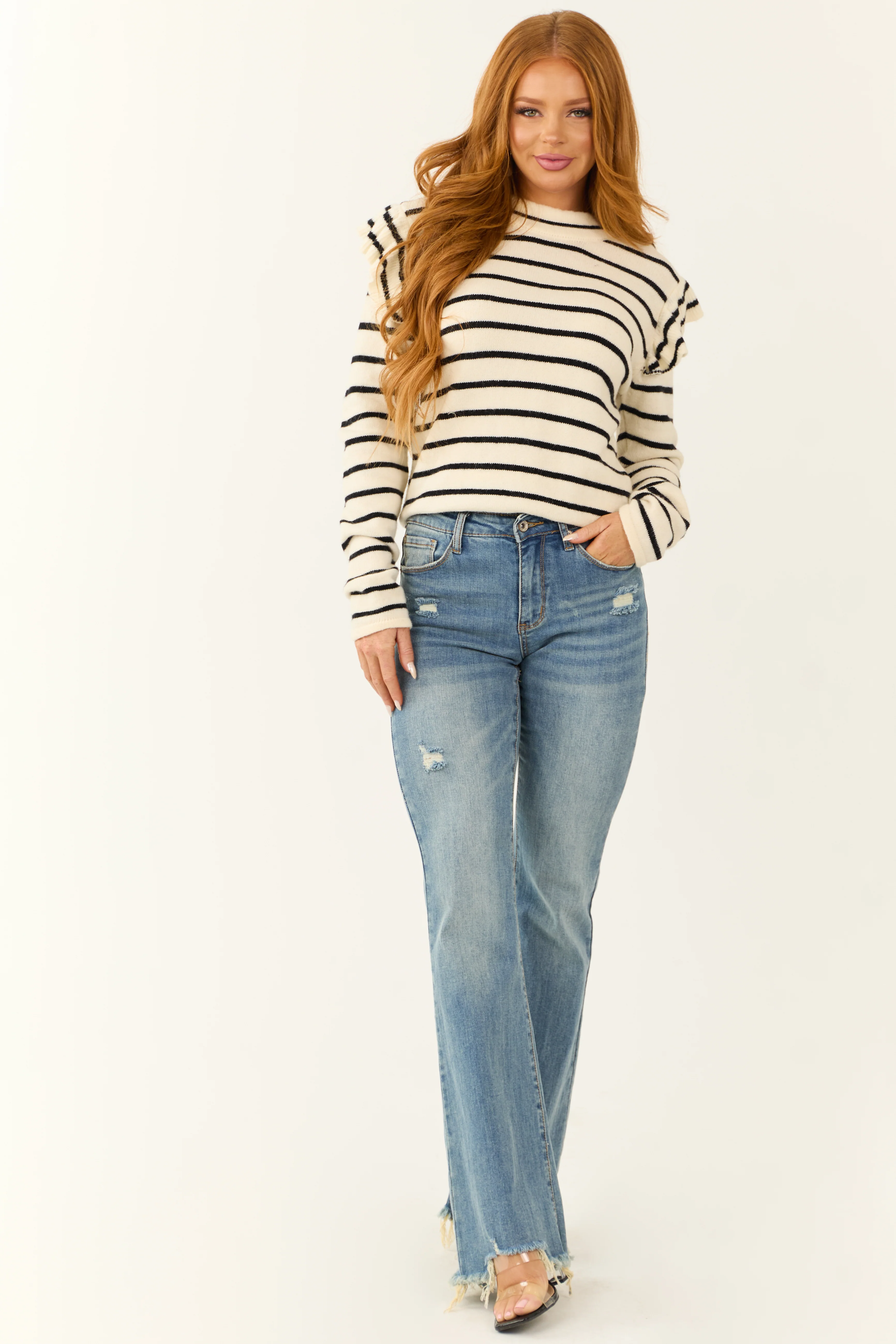Black and Cream Striped Mock Neck Sweater - Image 3