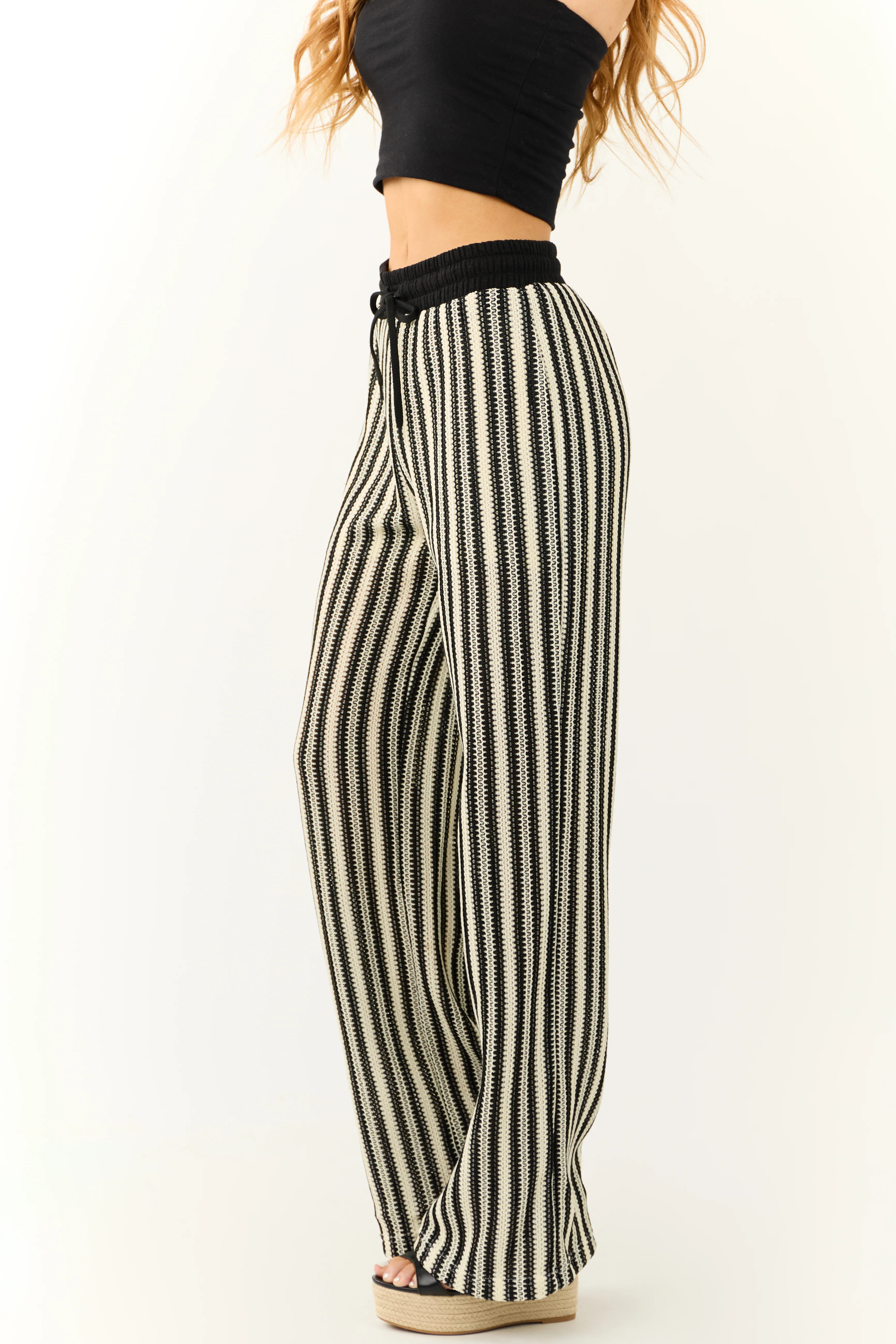 Black and Cream Striped Knit Wide Leg Pants - Image 3