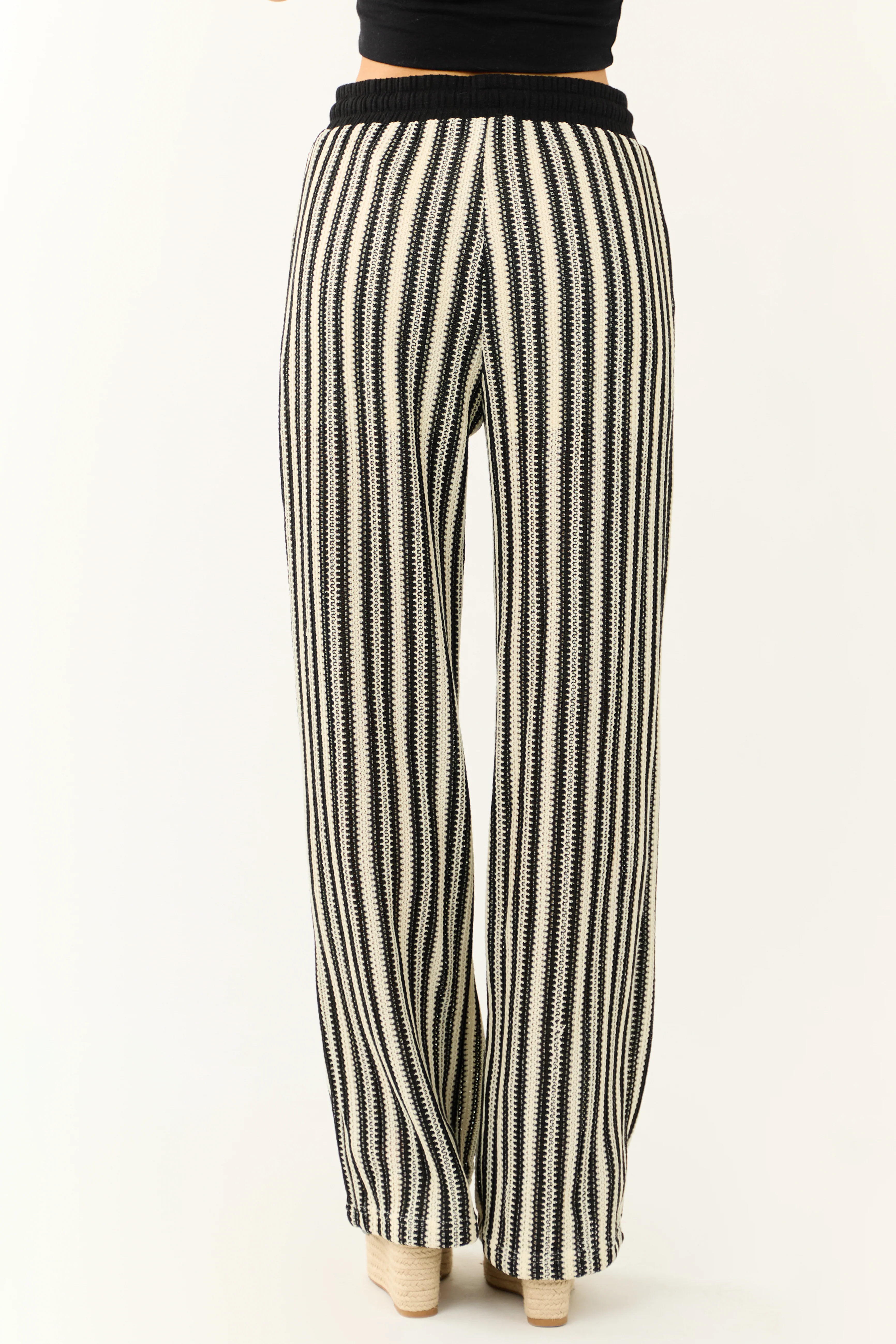 Black and Cream Striped Knit Wide Leg Pants - Image 4