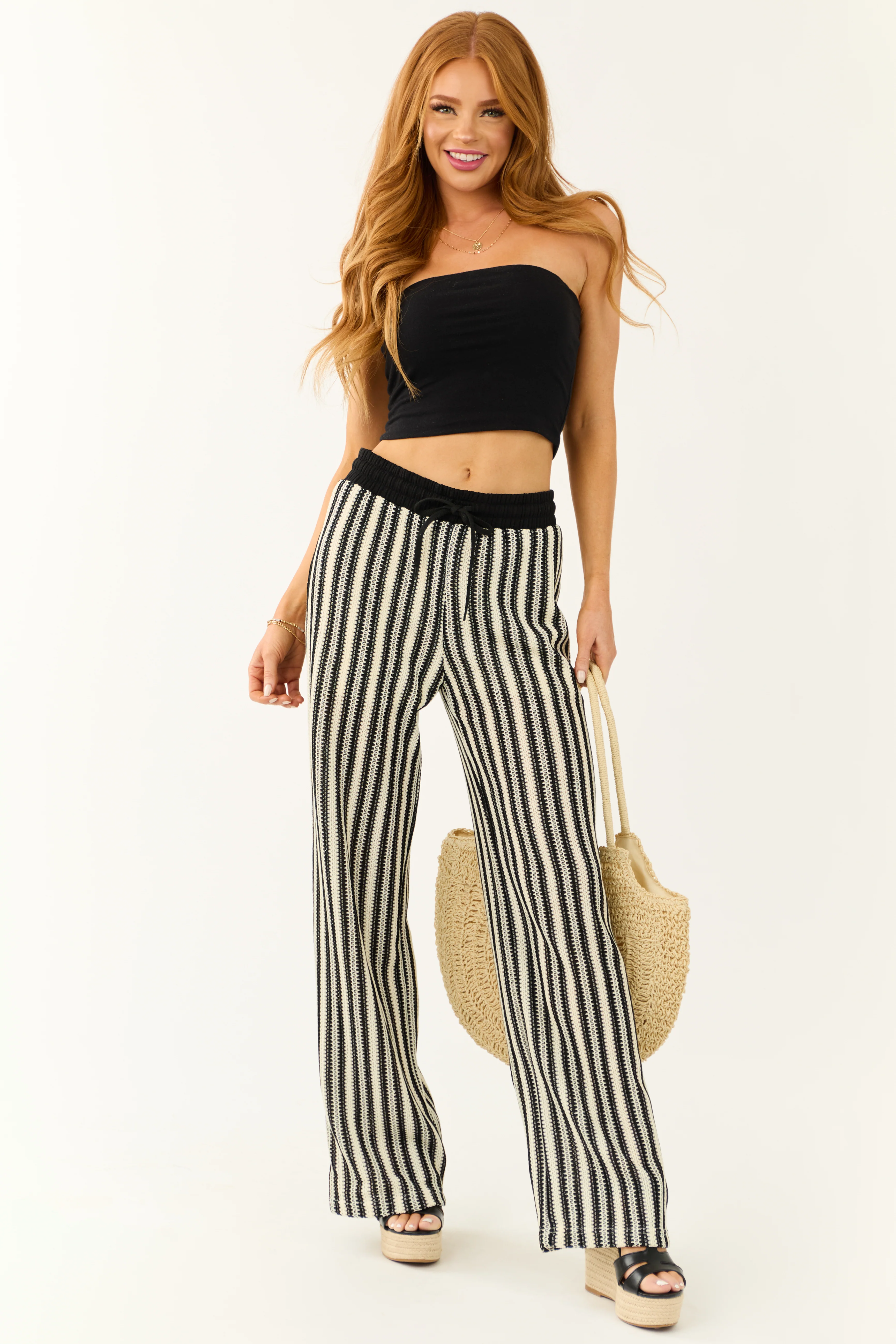 Black and Cream Striped Knit Wide Leg Pants - Image 5