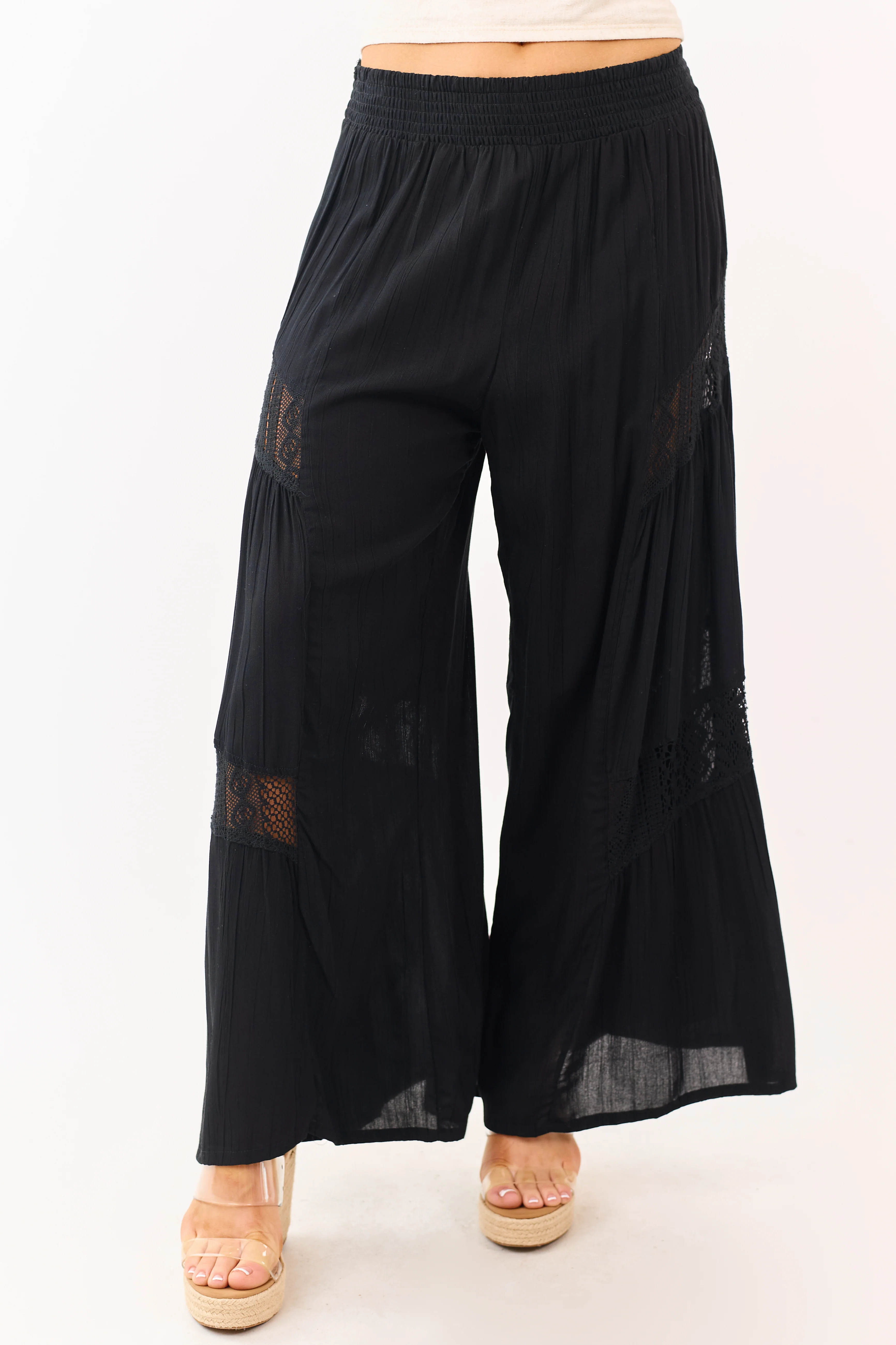 Black Crochet Lace Paneling Palazzo Leg Pants - Image 2
