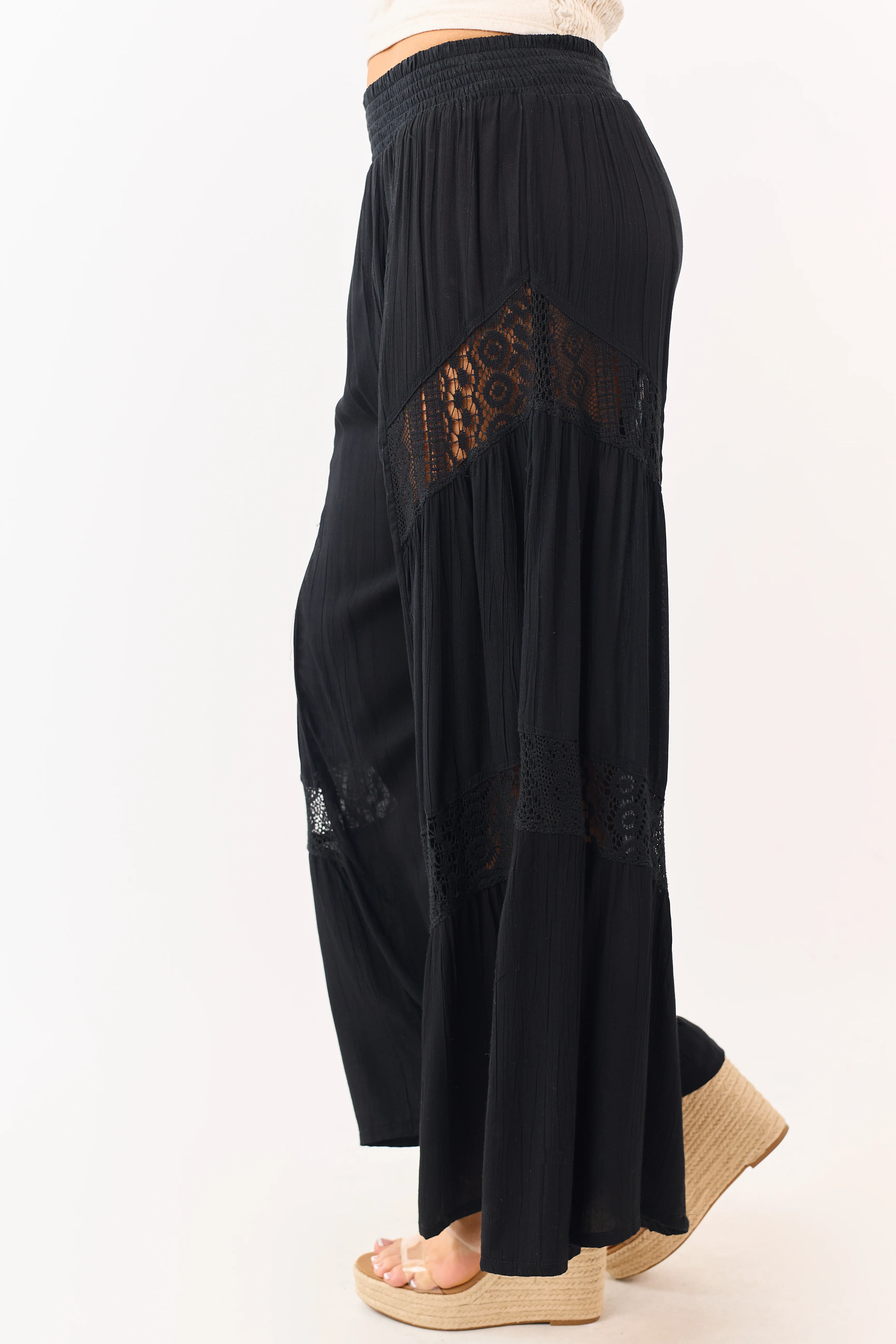 Black Crochet Lace Paneling Palazzo Leg Pants - Image 3
