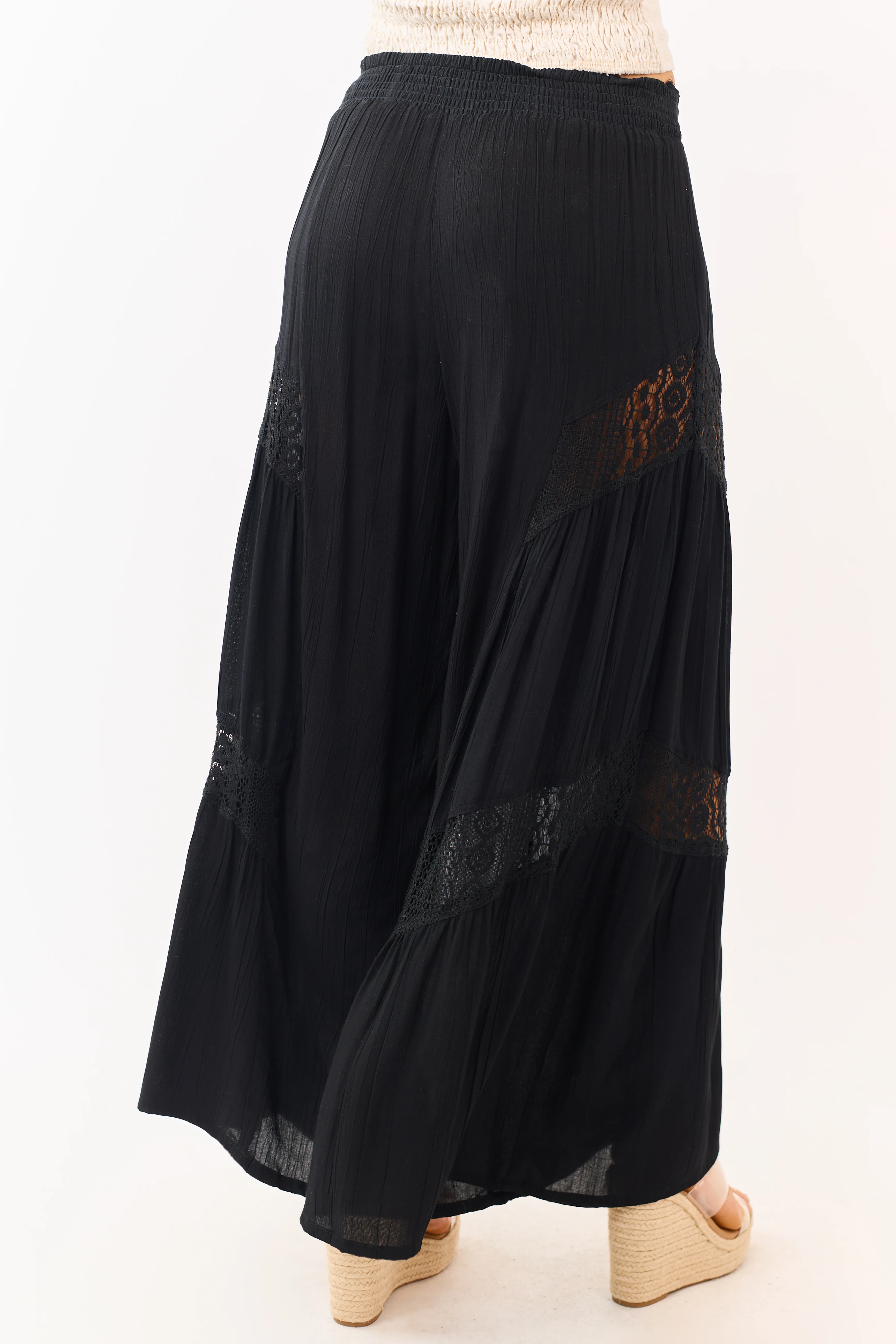 Black Crochet Lace Paneling Palazzo Leg Pants - Image 4