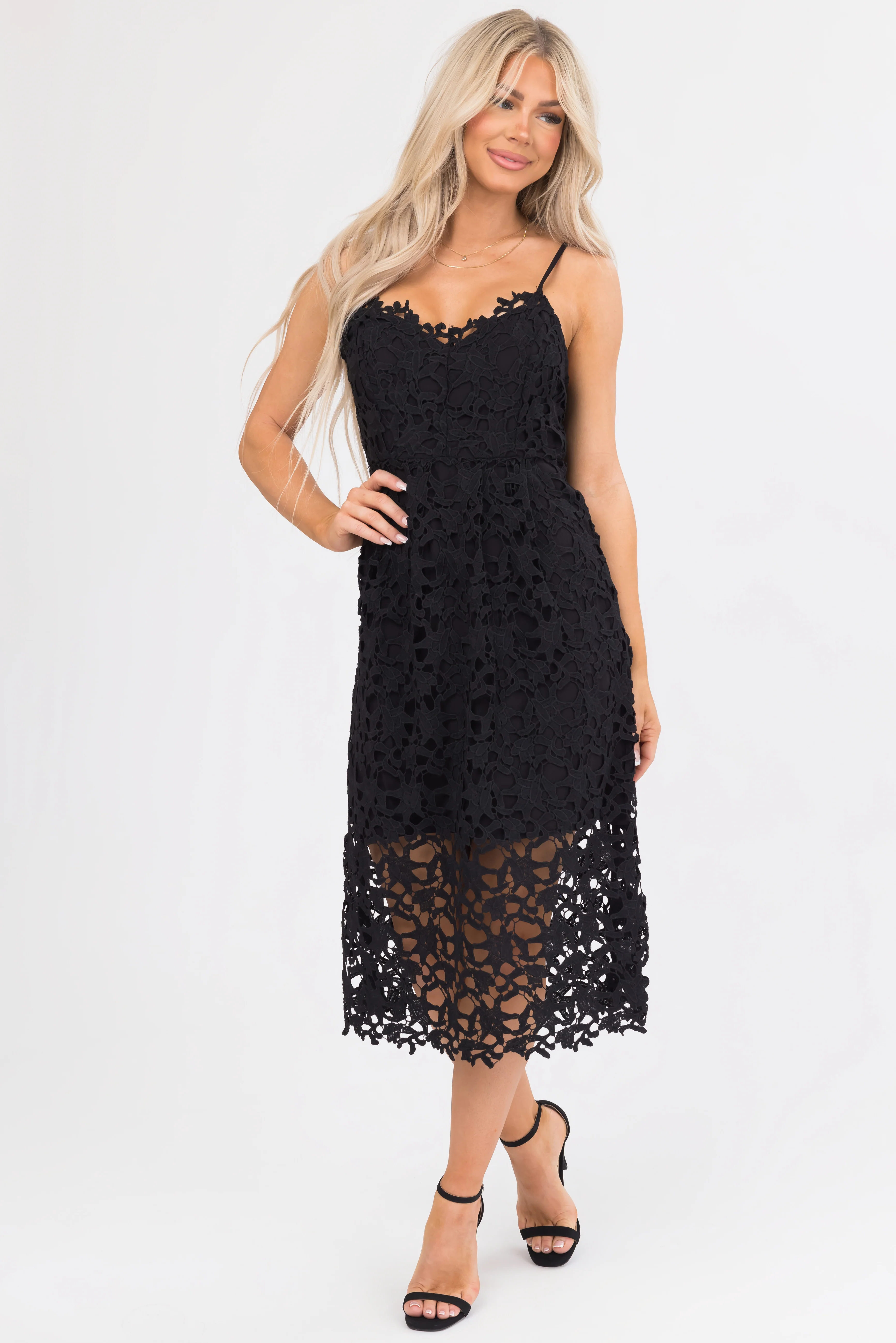 Black Crochet Lace Sleeveless Midi Dress - Image 3