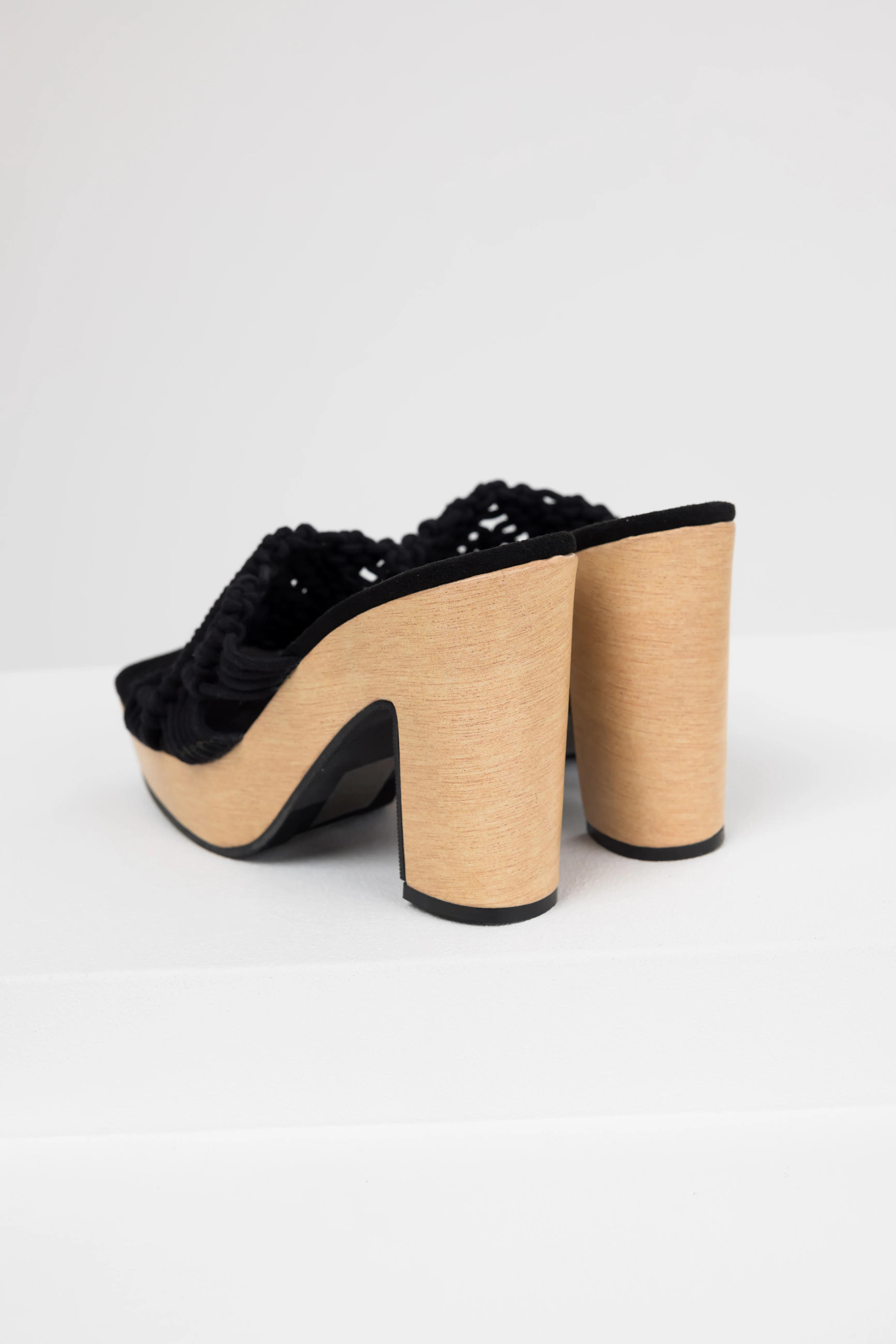 Black Crochet Strap Faux Wood Heels - Image 2