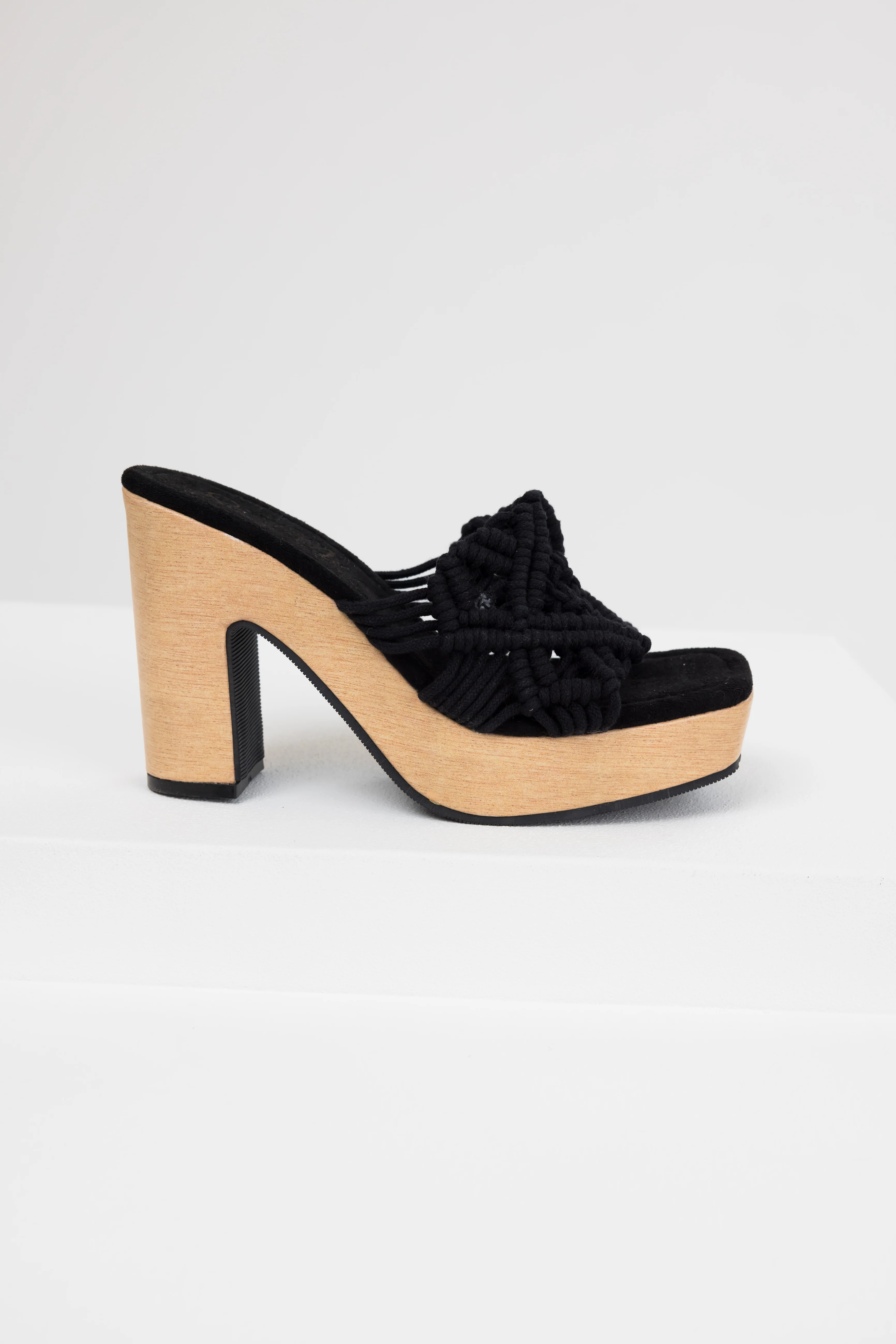 Black Crochet Strap Faux Wood Heels - Image 3