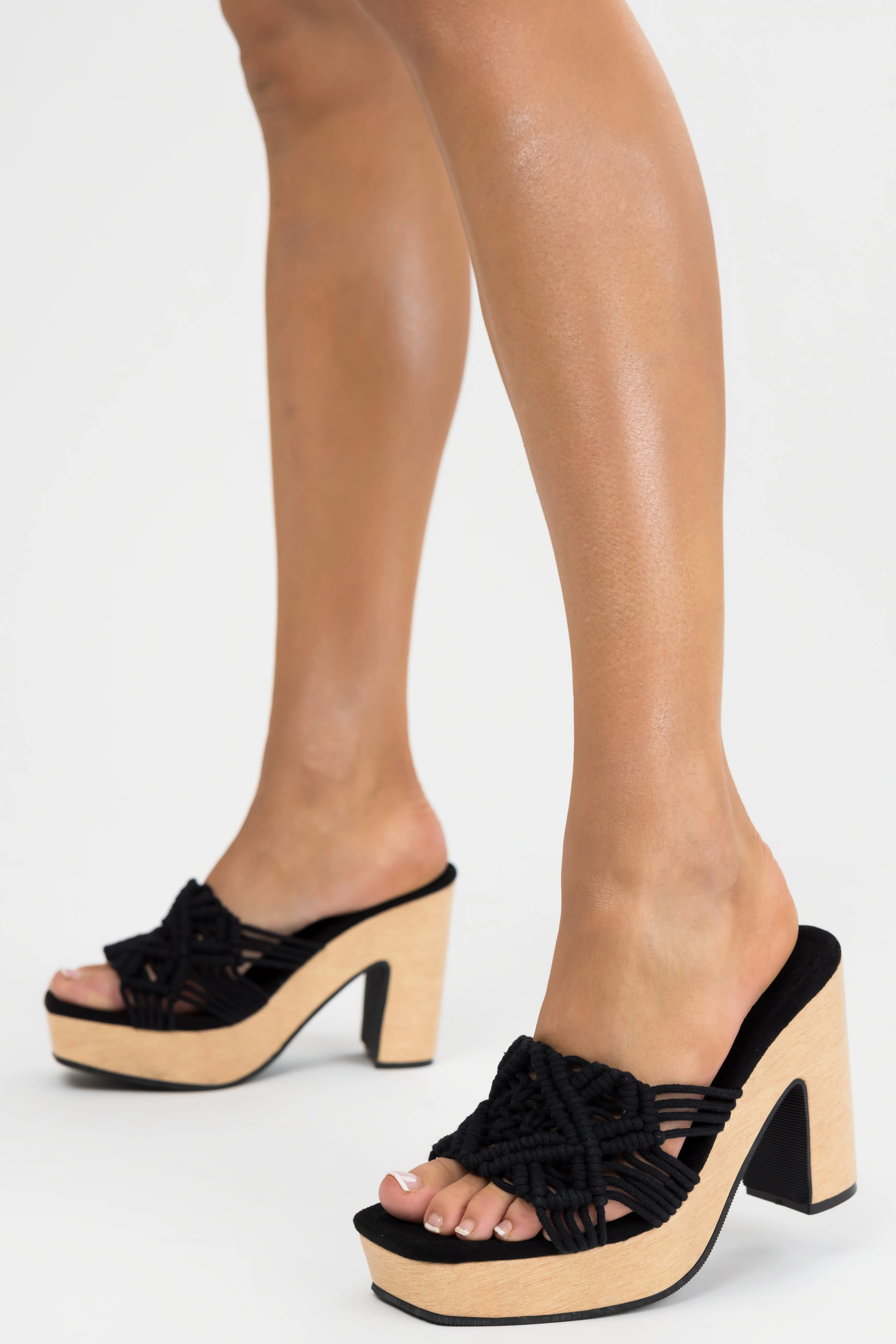Black Crochet Strap Faux Wood Heels - Image 6