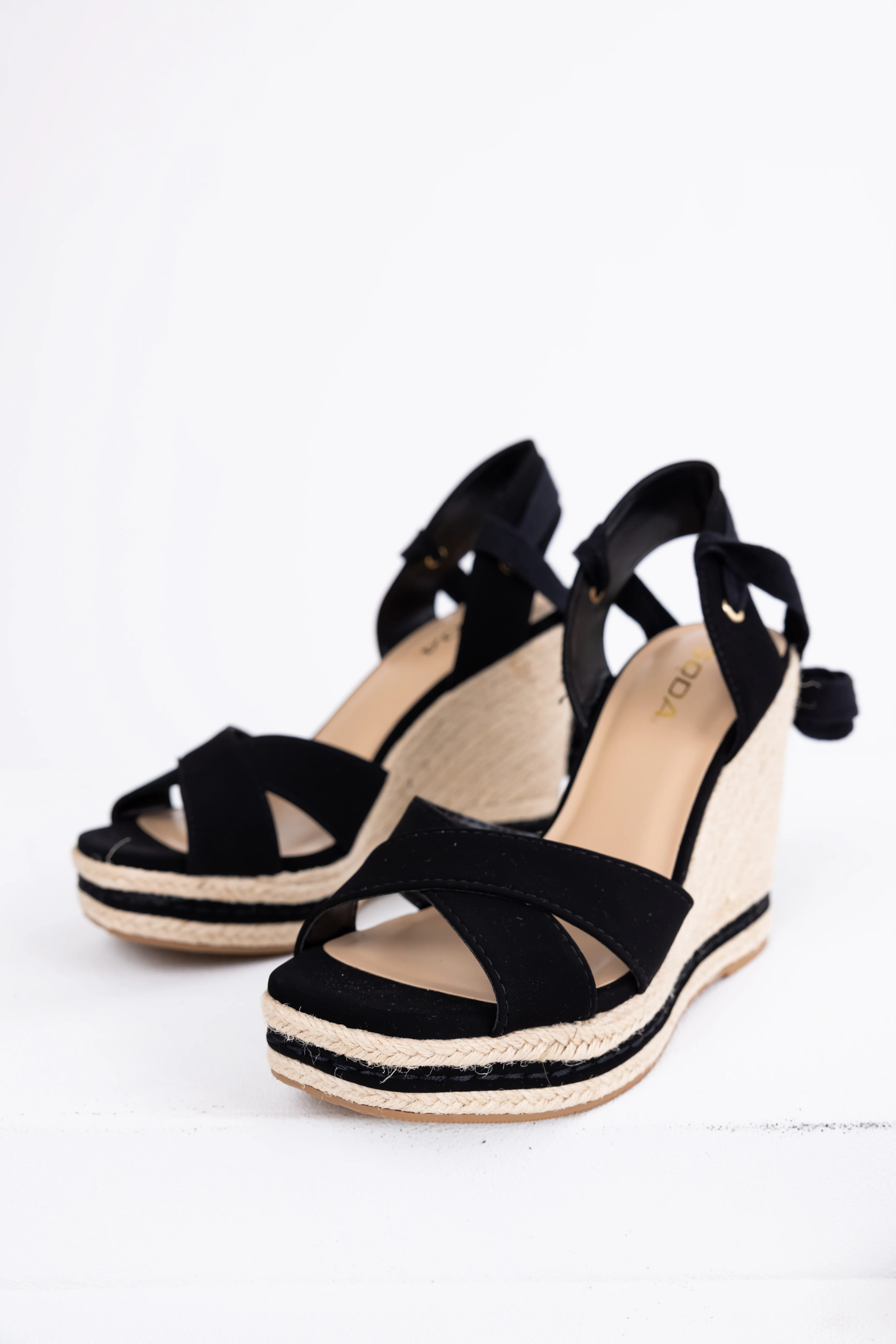 Black Cross Strap Lace Up Espadrille Wedges - Image 2