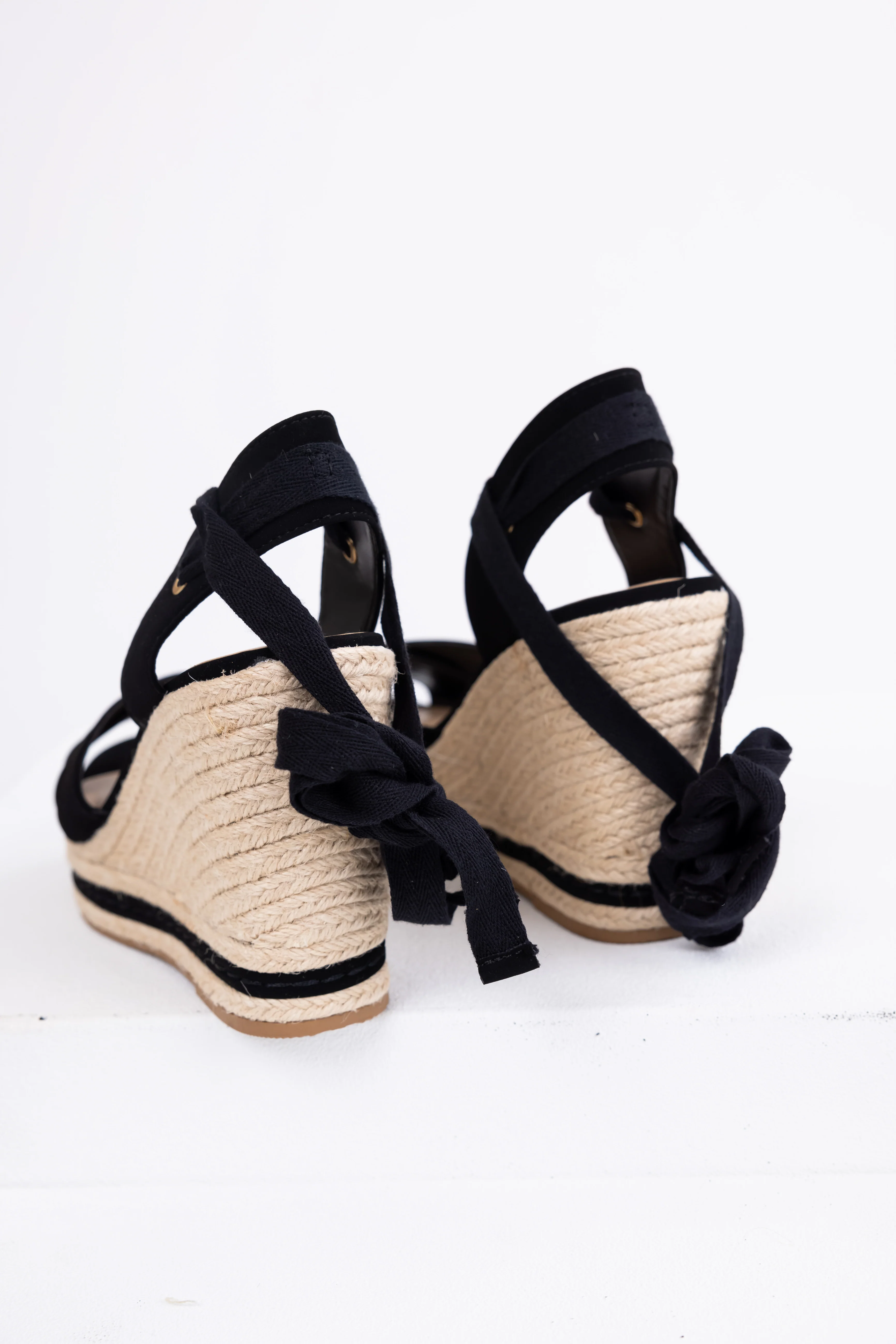 Black Cross Strap Lace Up Espadrille Wedges - Image 3