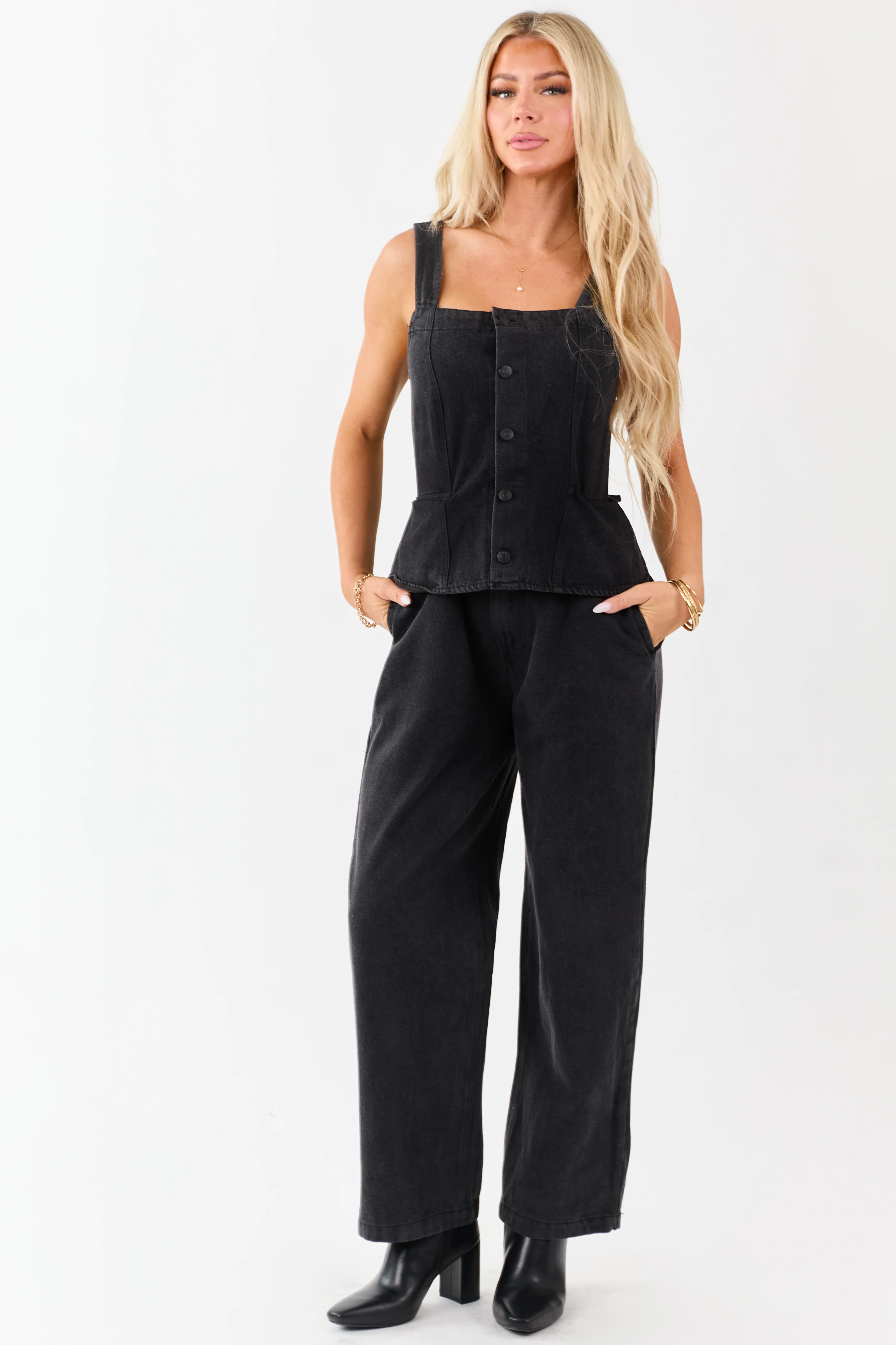 Black Denim Buttoned Vest Style Open Back Jumpsuit - Image 3