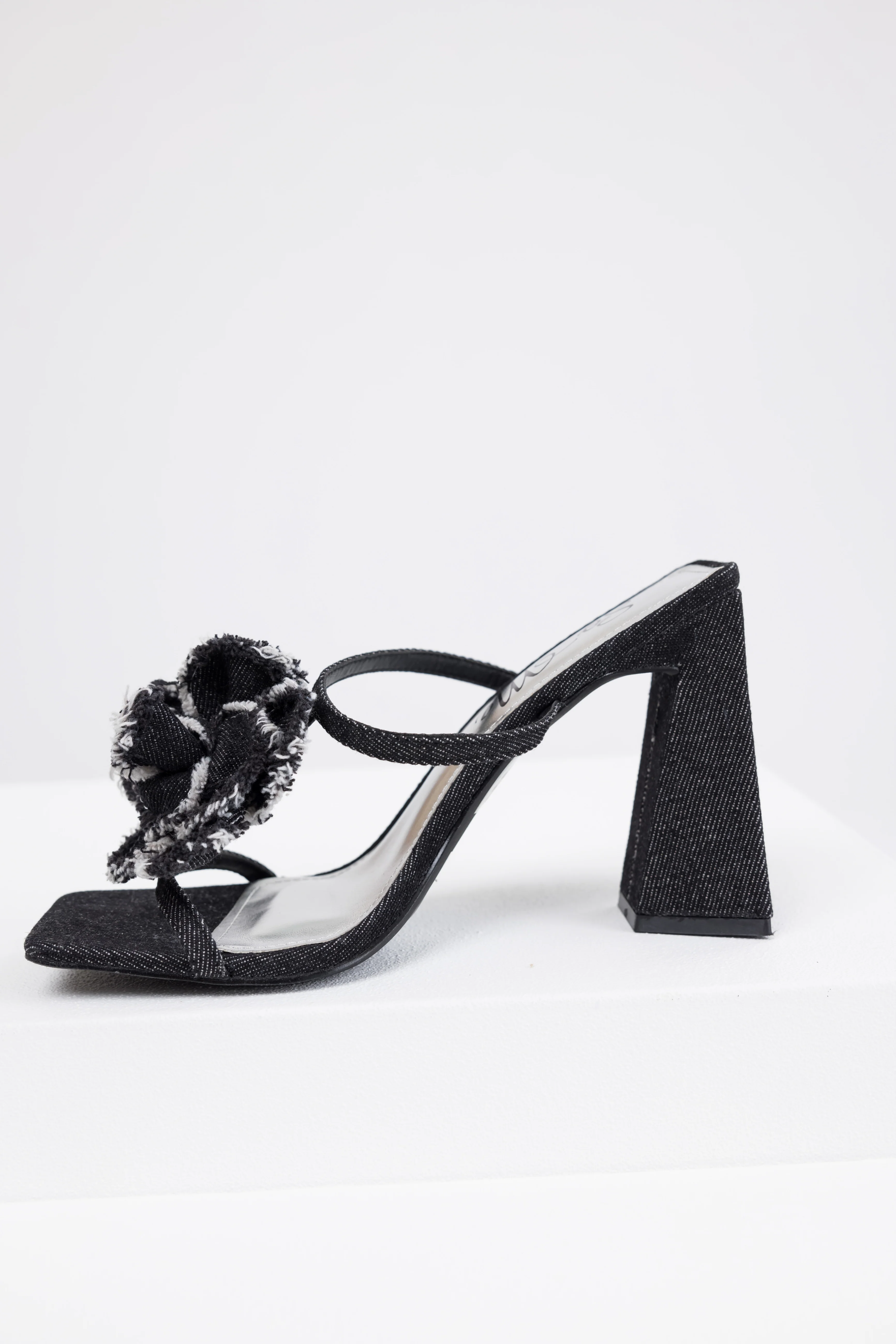 Black Denim Flower Detail Square Toe Heels - Image 5
