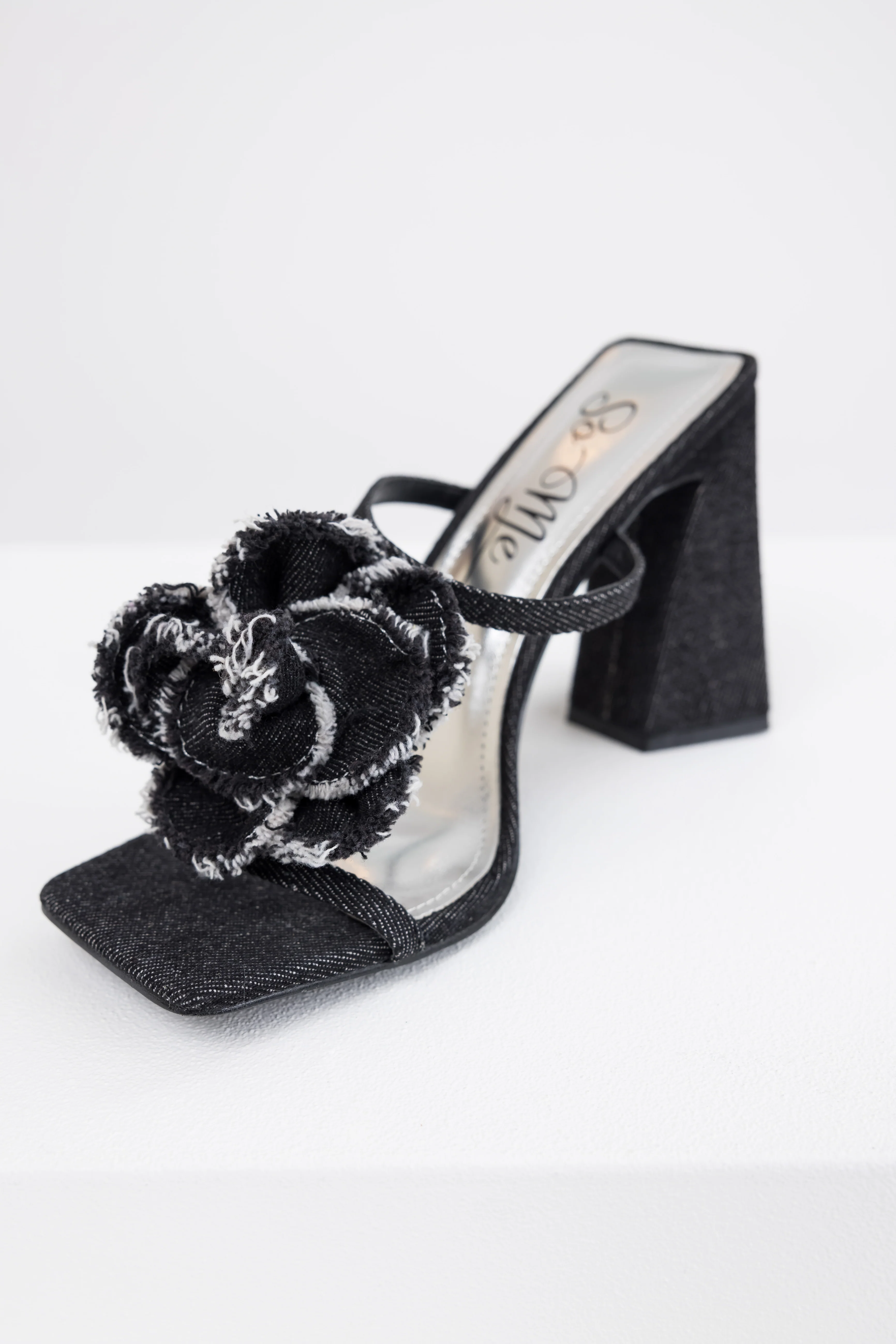 Black Denim Flower Detail Square Toe Heels - Image 6