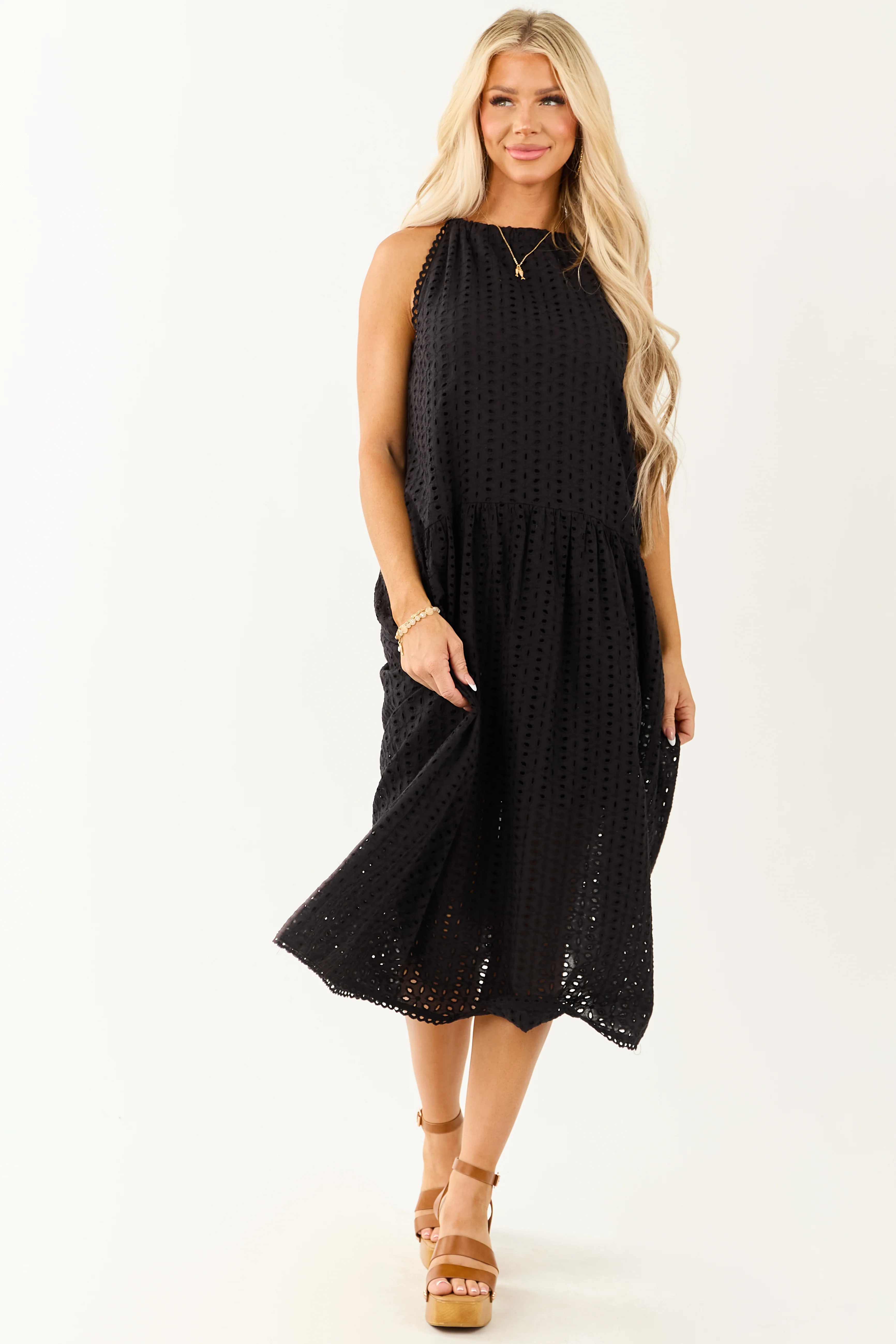 Black Eyelet Halter Tent Style Cotton Midi Dress - Image 2
