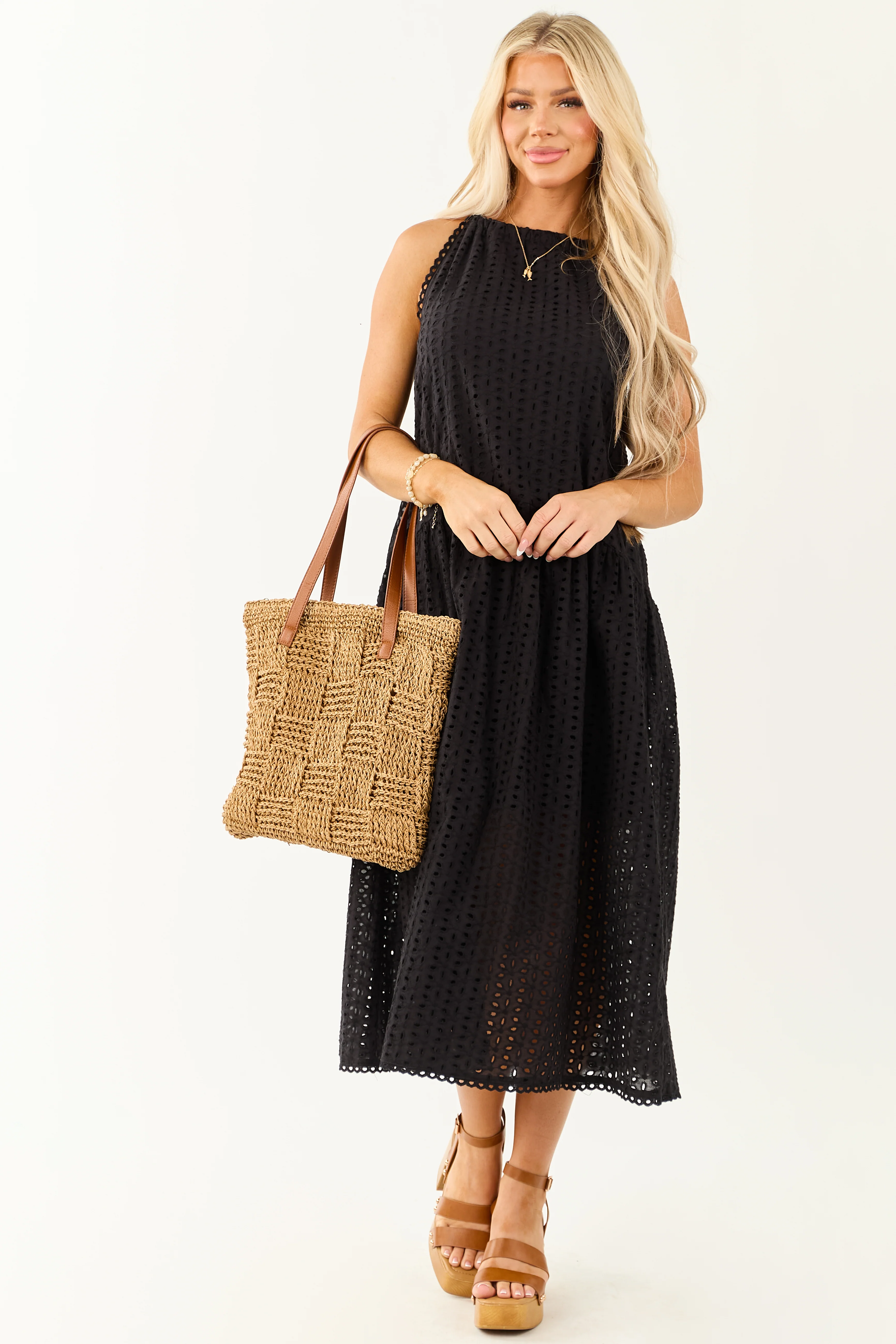 Black Eyelet Halter Tent Style Cotton Midi Dress - Image 3