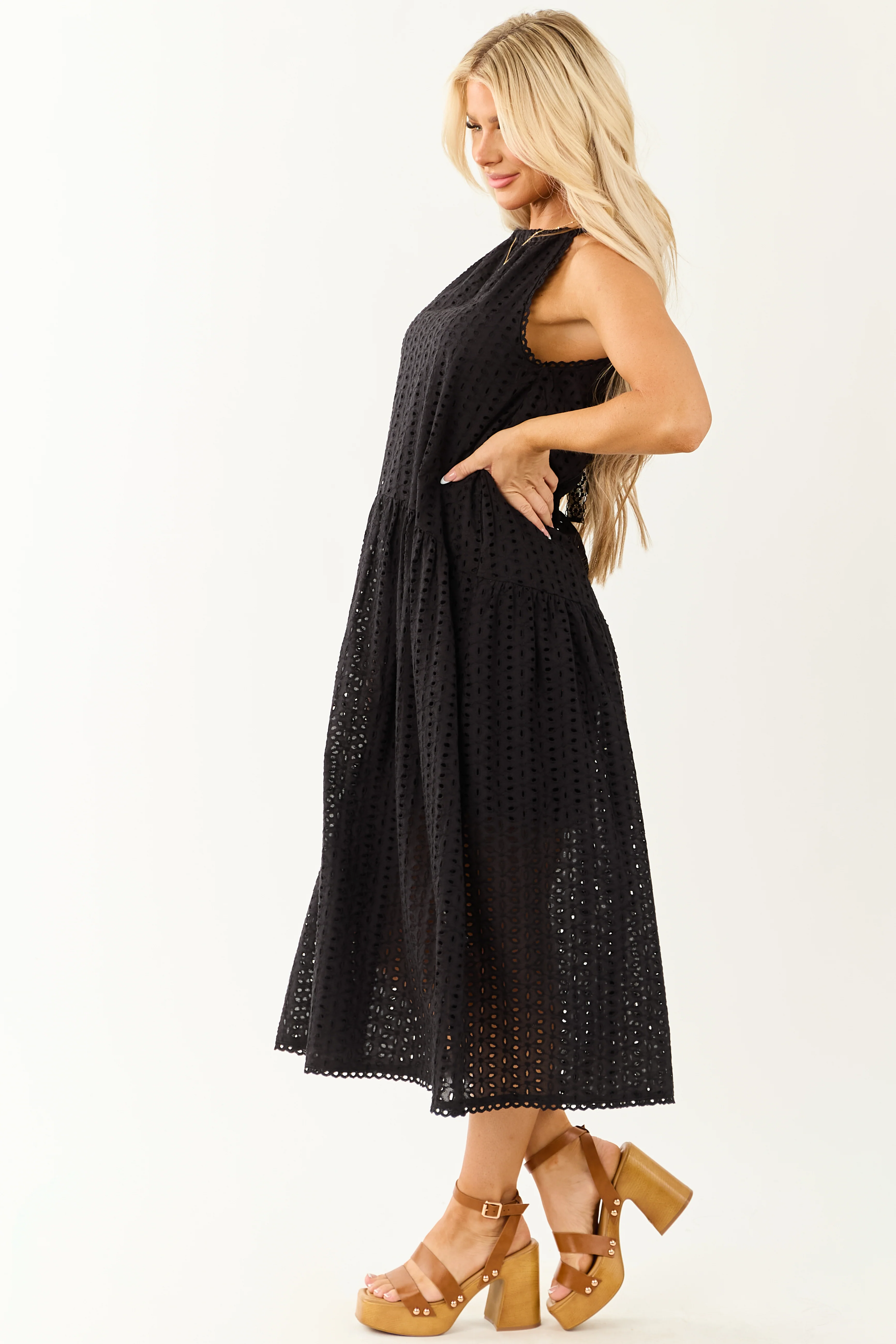 Black Eyelet Halter Tent Style Cotton Midi Dress - Image 4