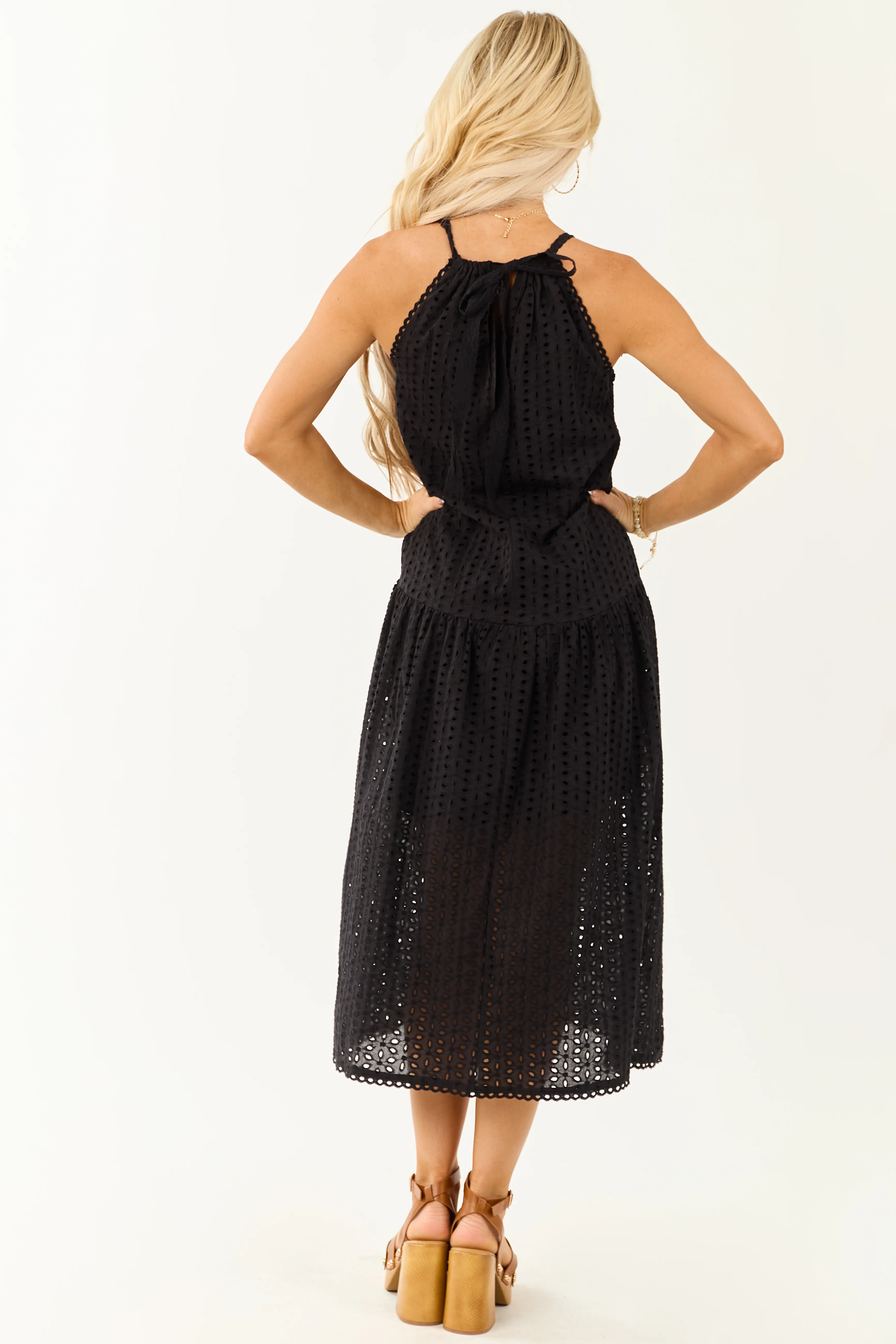Black Eyelet Halter Tent Style Cotton Midi Dress - Image 5