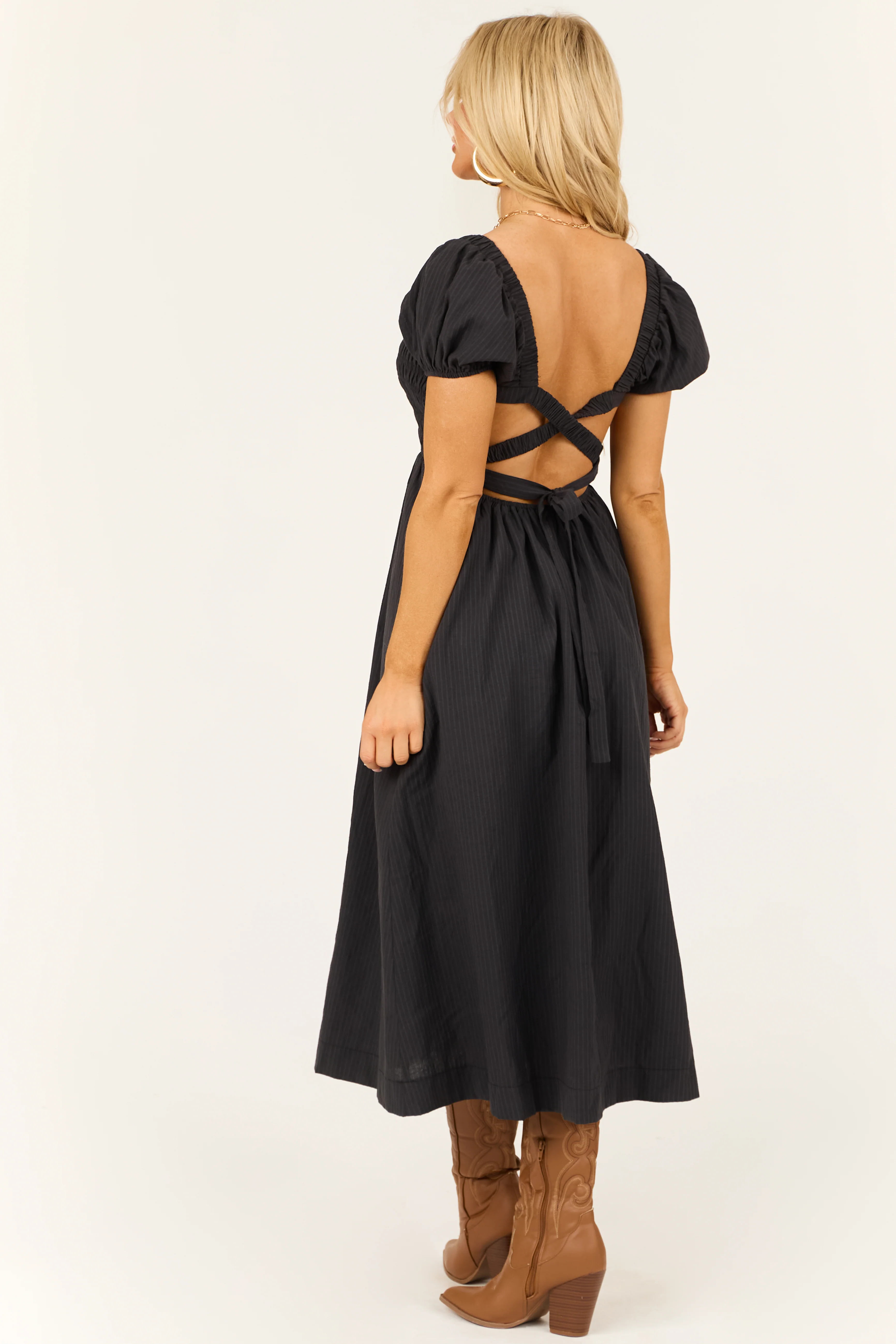 Black Faded Stripe Smocked Short Sleeve Maxi Dress - Image 4