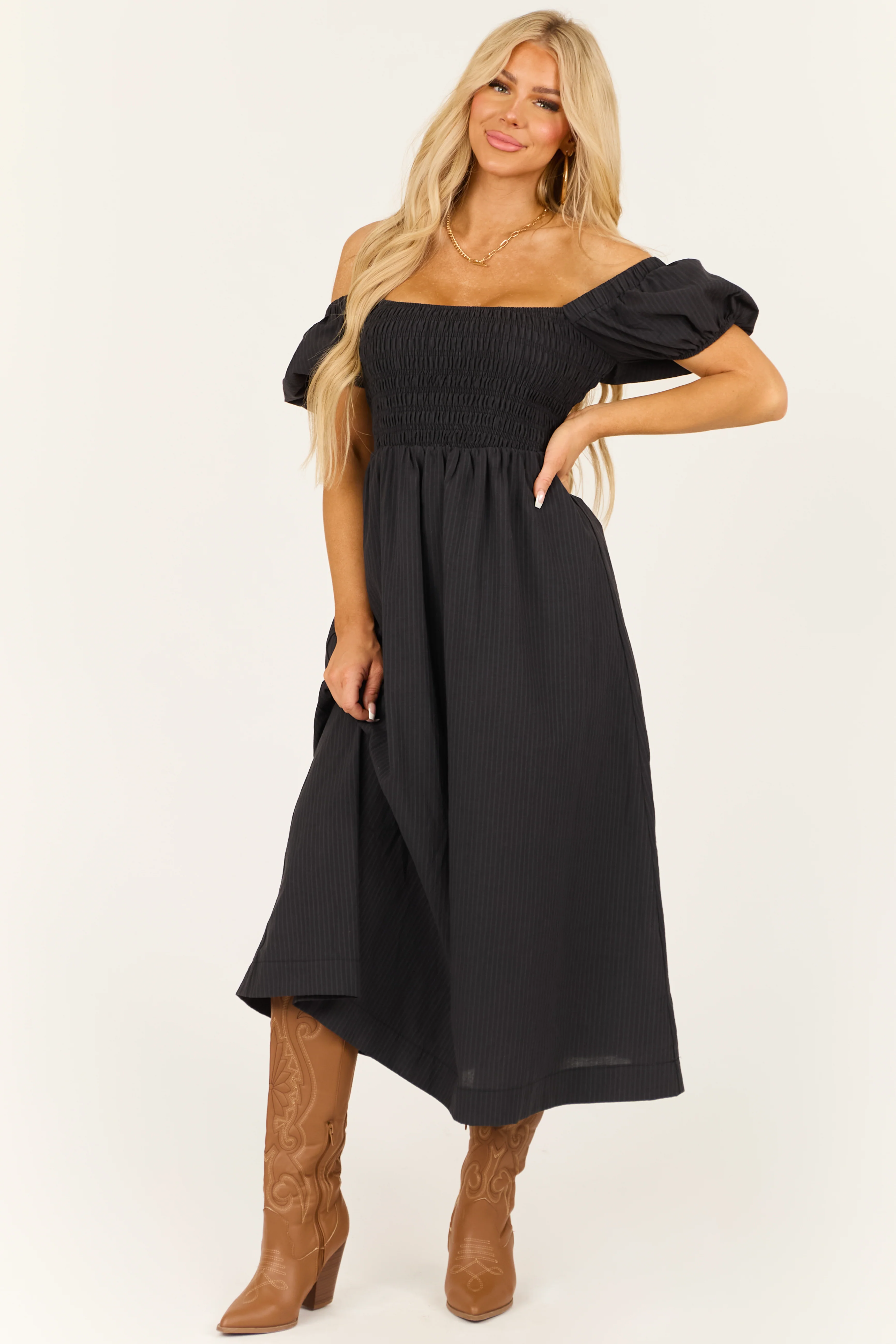 Black Faded Stripe Smocked Short Sleeve Maxi Dress - Image 6