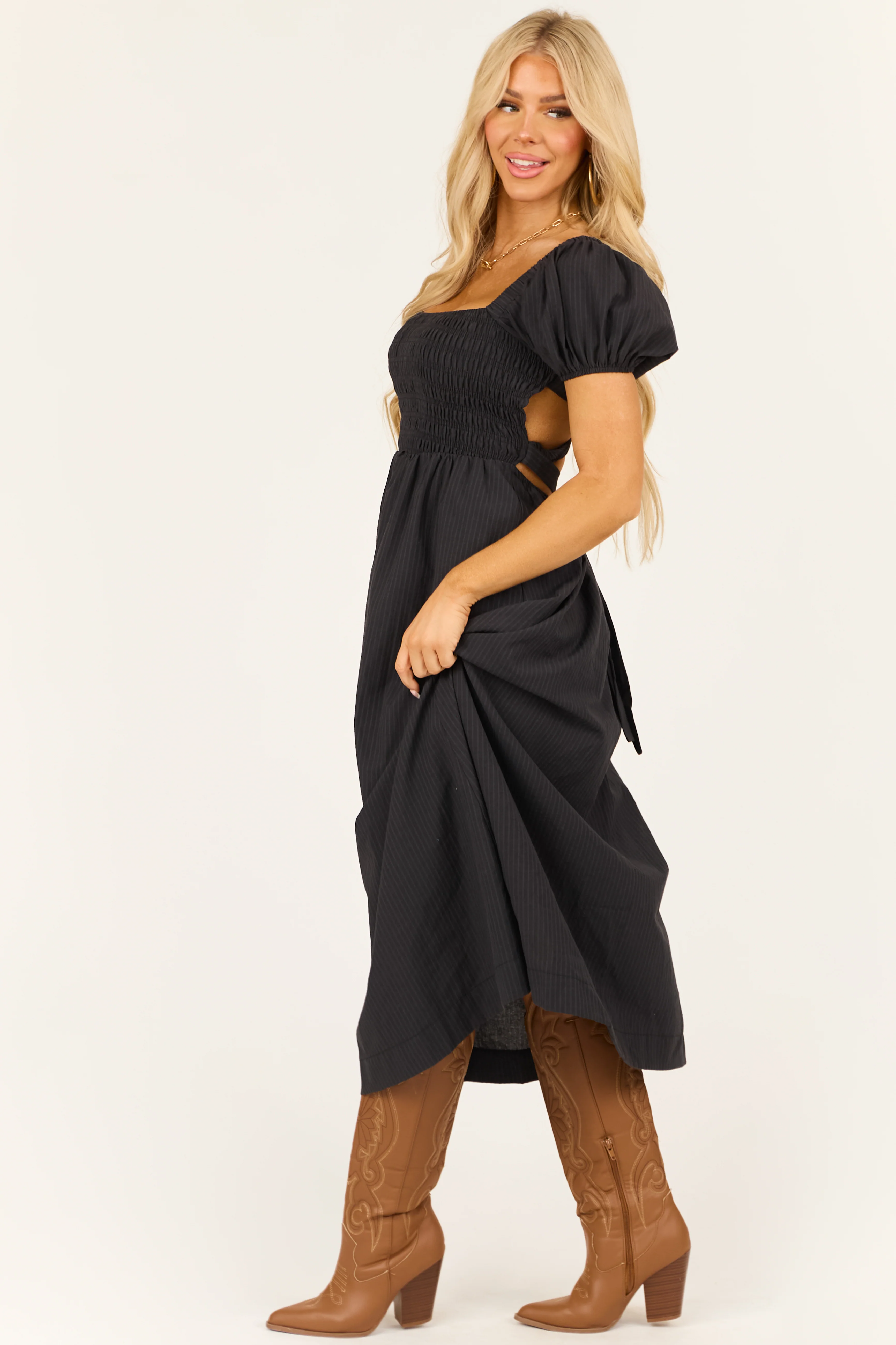 Black Faded Stripe Smocked Short Sleeve Maxi Dress - Image 7