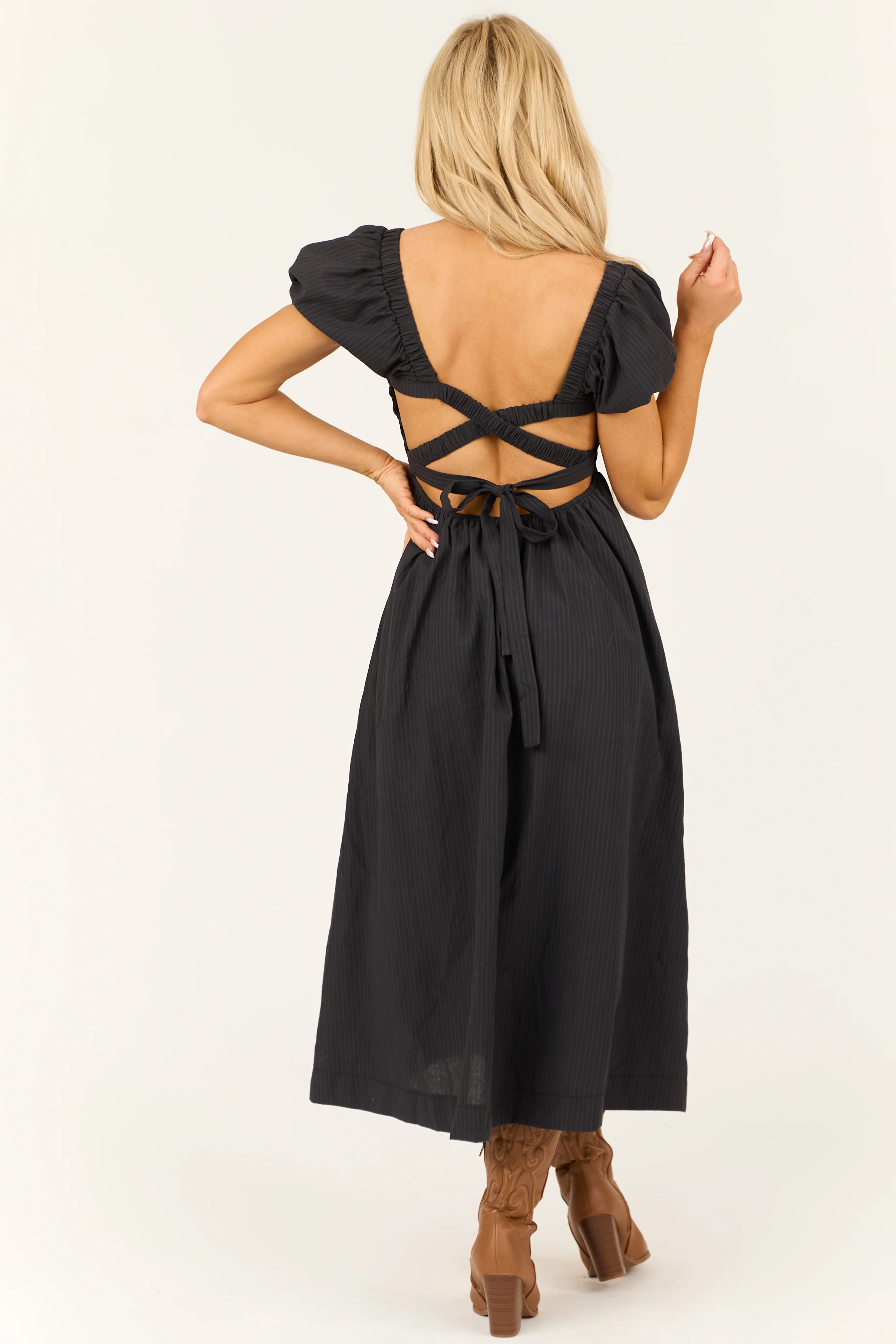 Black Faded Stripe Smocked Short Sleeve Maxi Dress - Image 8