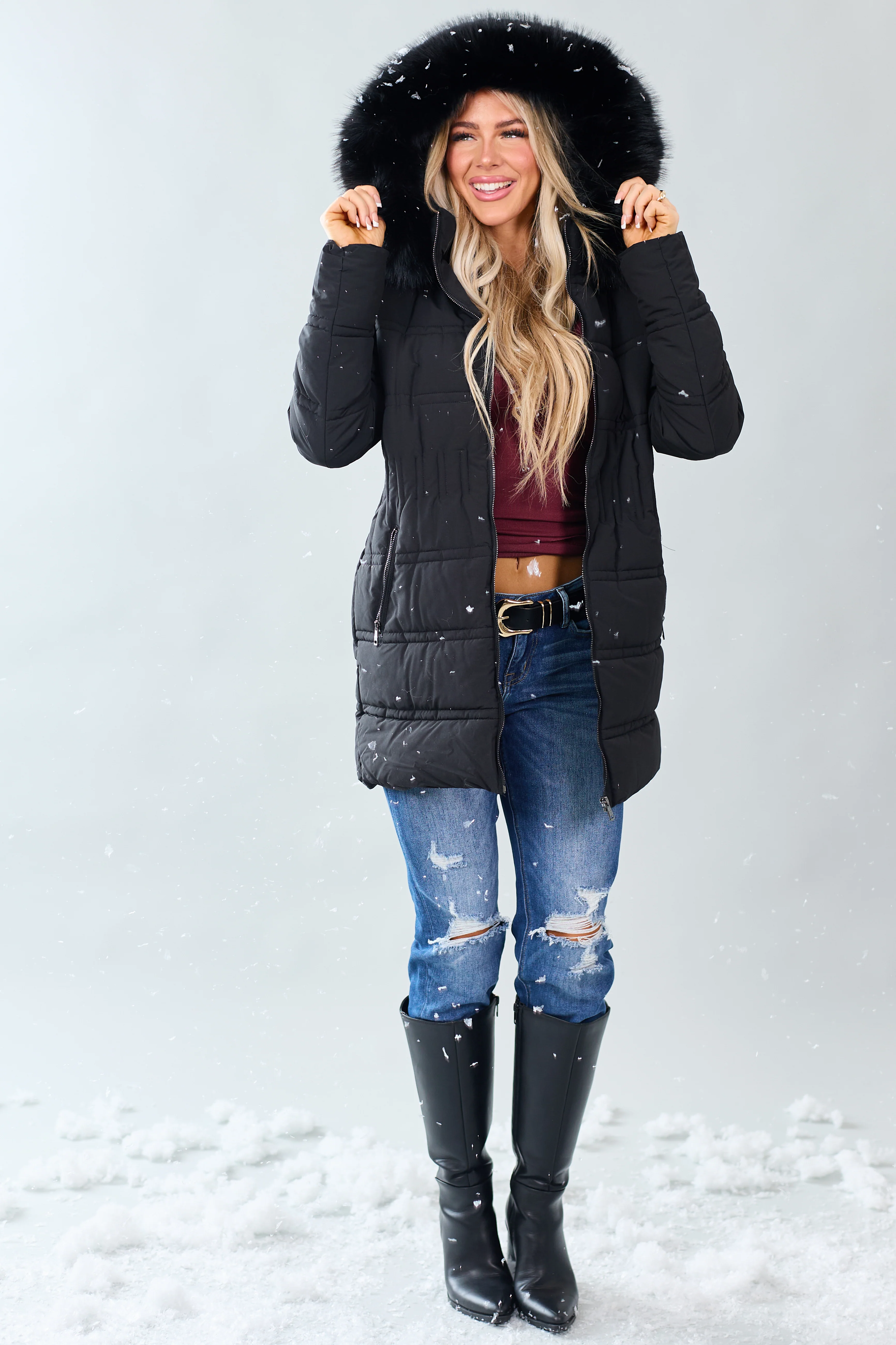 Black Faux Fur Lined Hood Zip Up Long Puffer Coat - Image 3