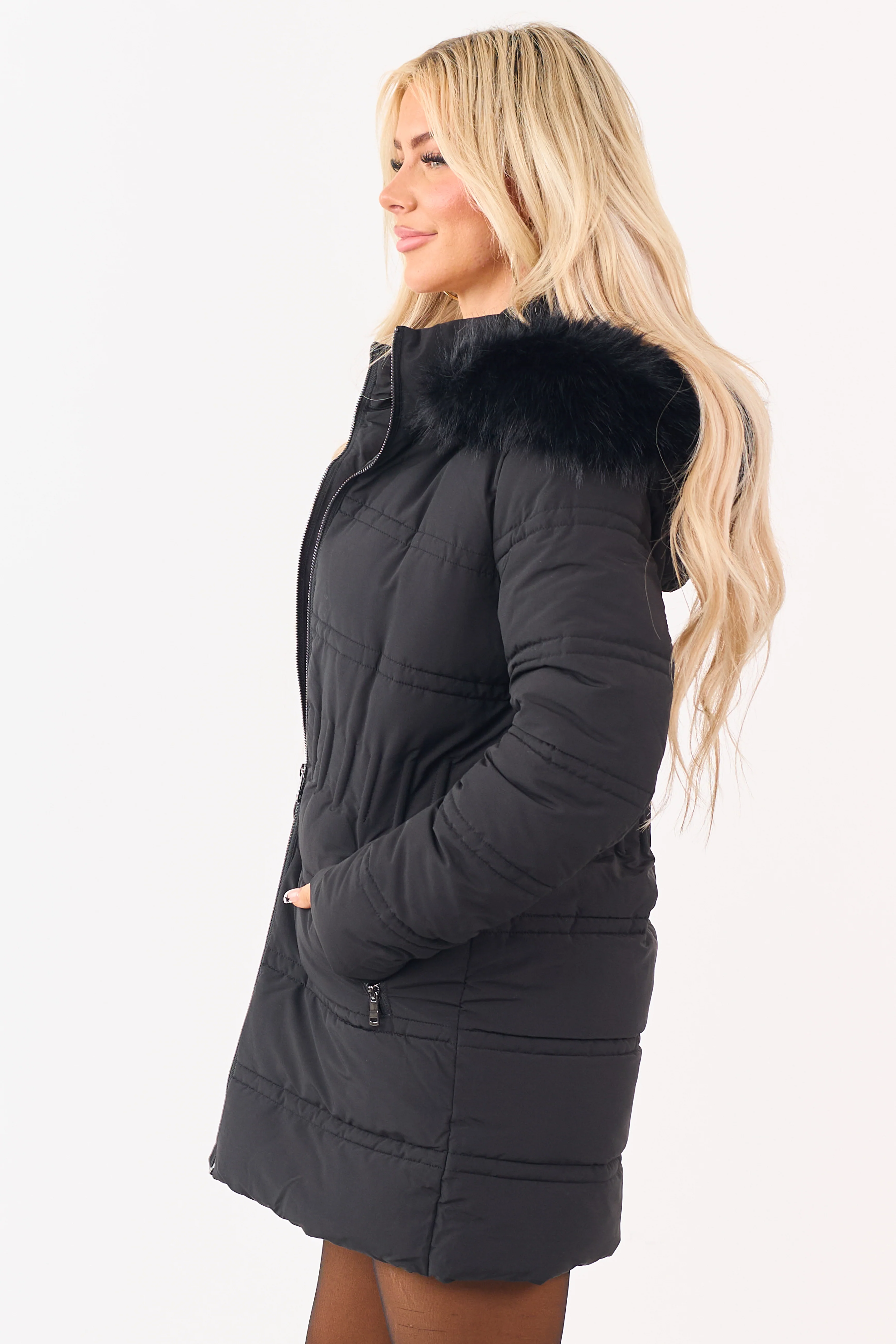 Black Faux Fur Lined Hood Zip Up Long Puffer Coat - Image 4