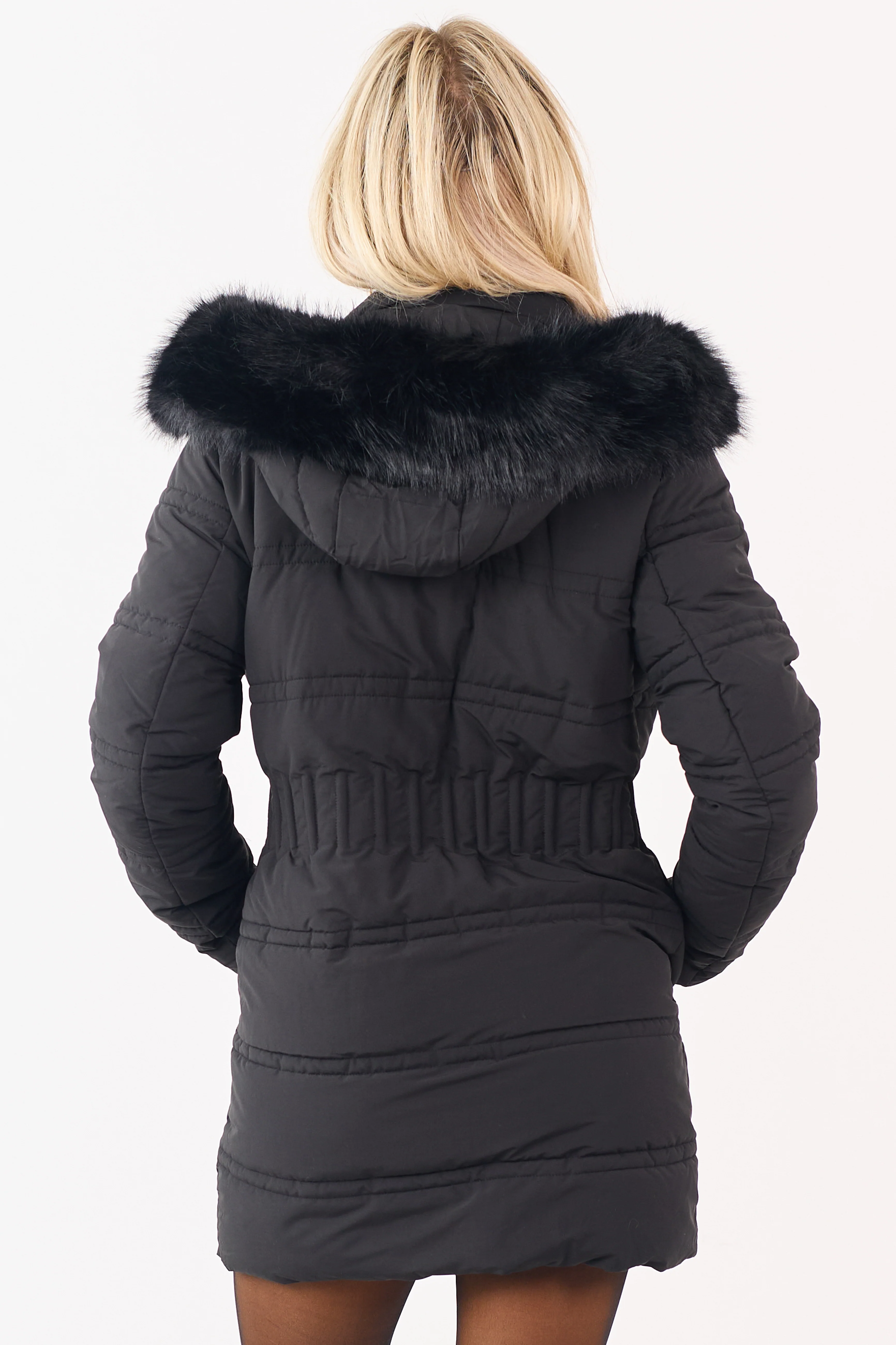 Black Faux Fur Lined Hood Zip Up Long Puffer Coat - Image 5