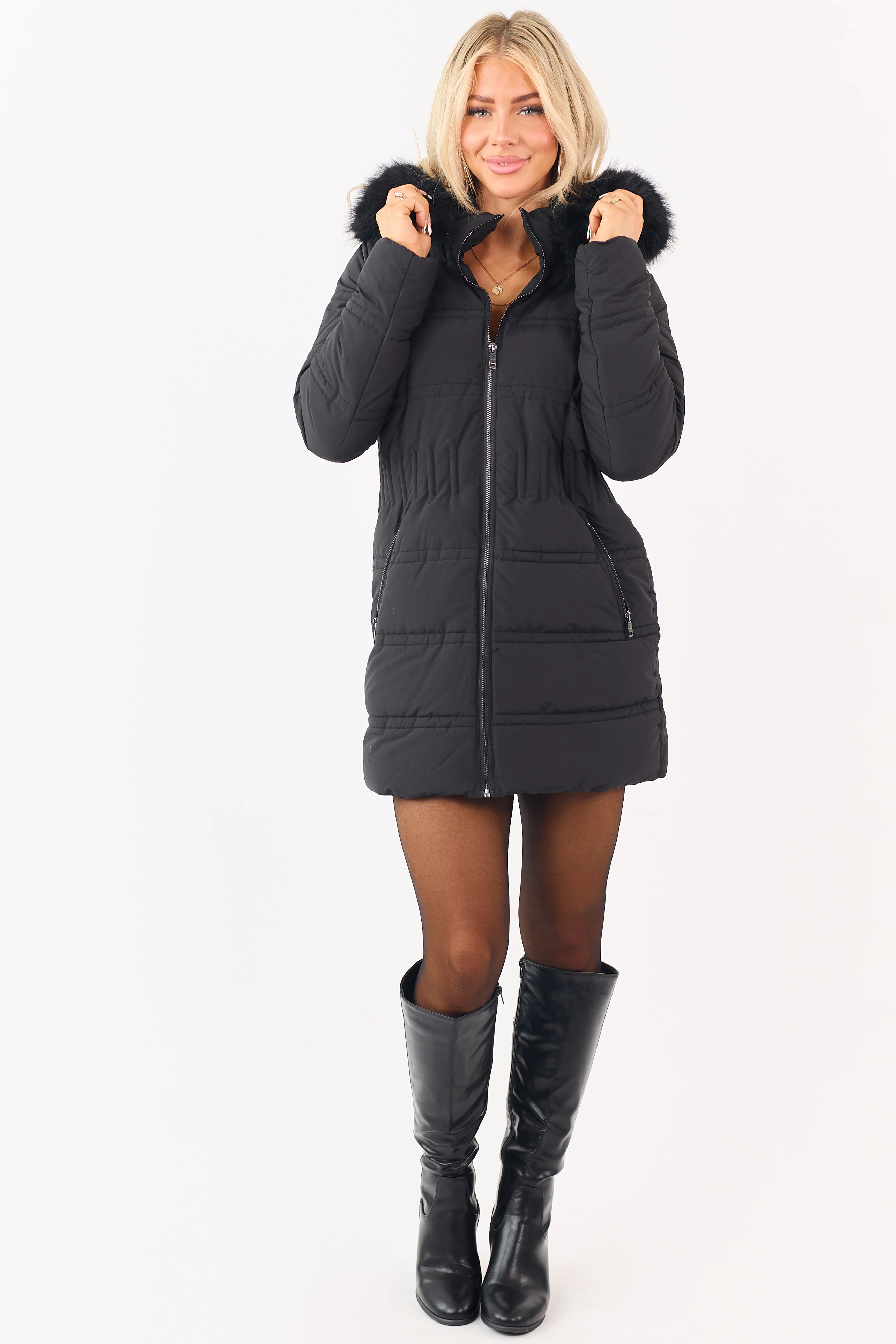 Black Faux Fur Lined Hood Zip Up Long Puffer Coat - Image 8
