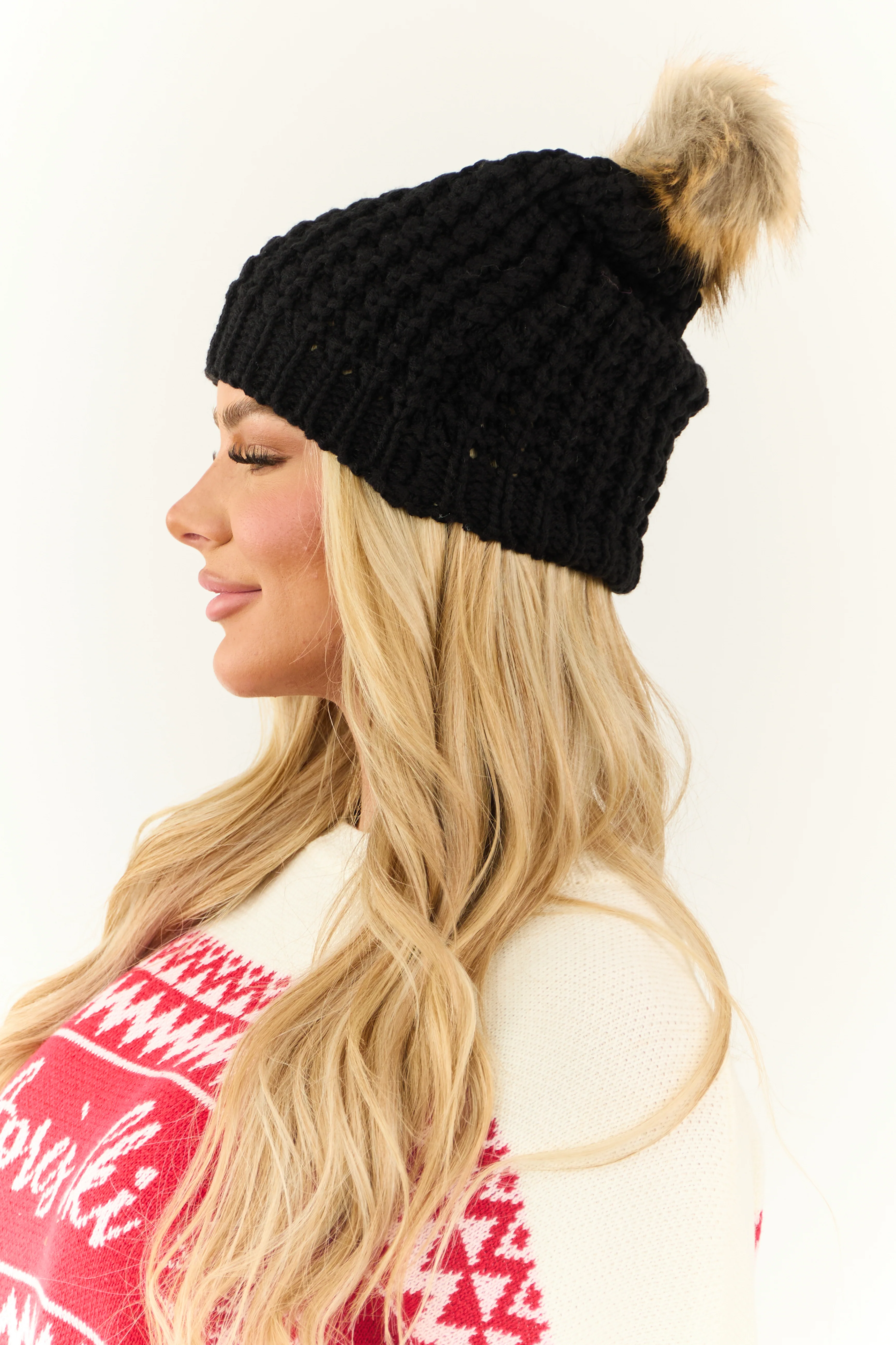 Black Faux Fur Pom Pom Textured Knit Beanie - Image 3