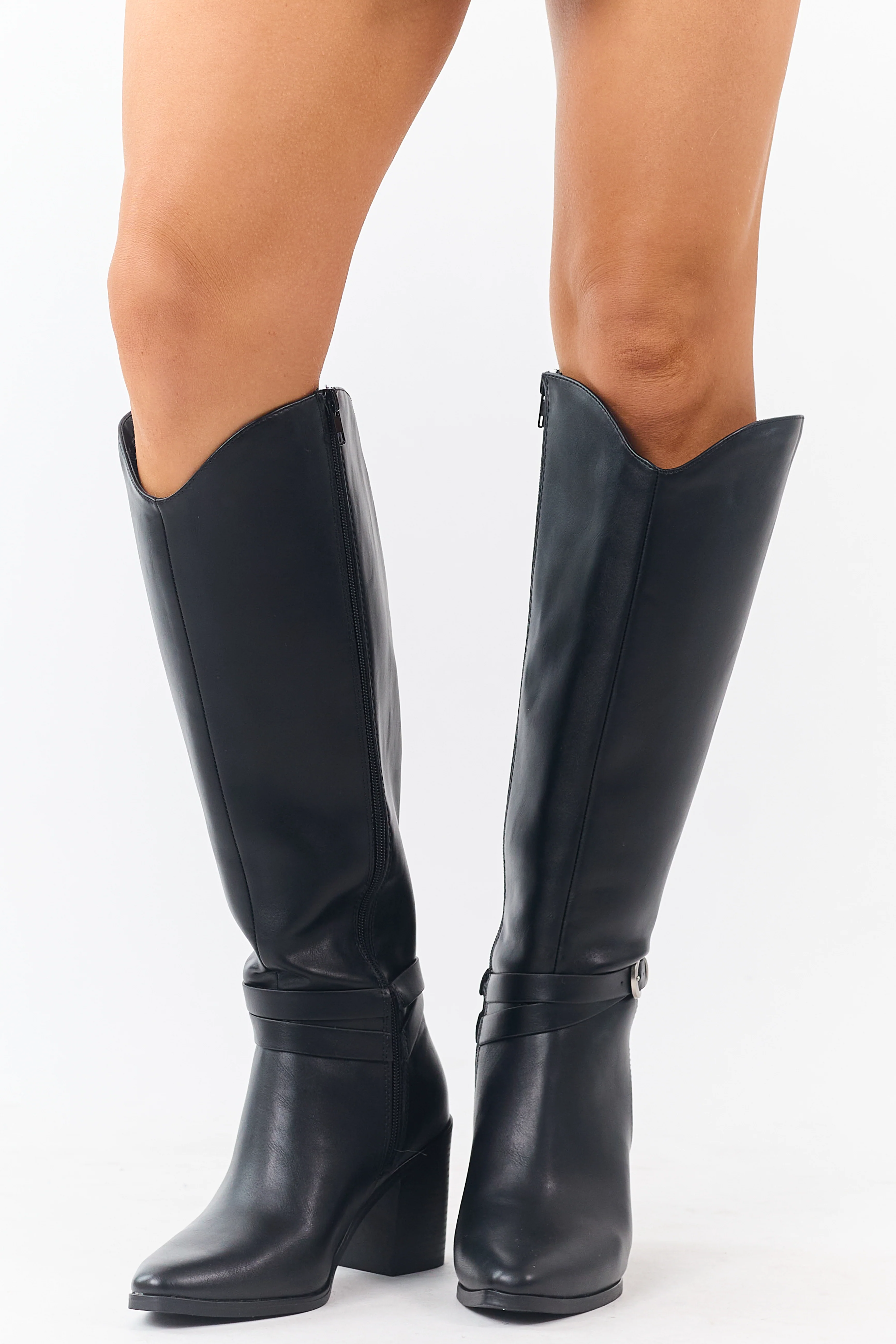 Black Faux Leather Ankle Strap Tall Boots - Image 3