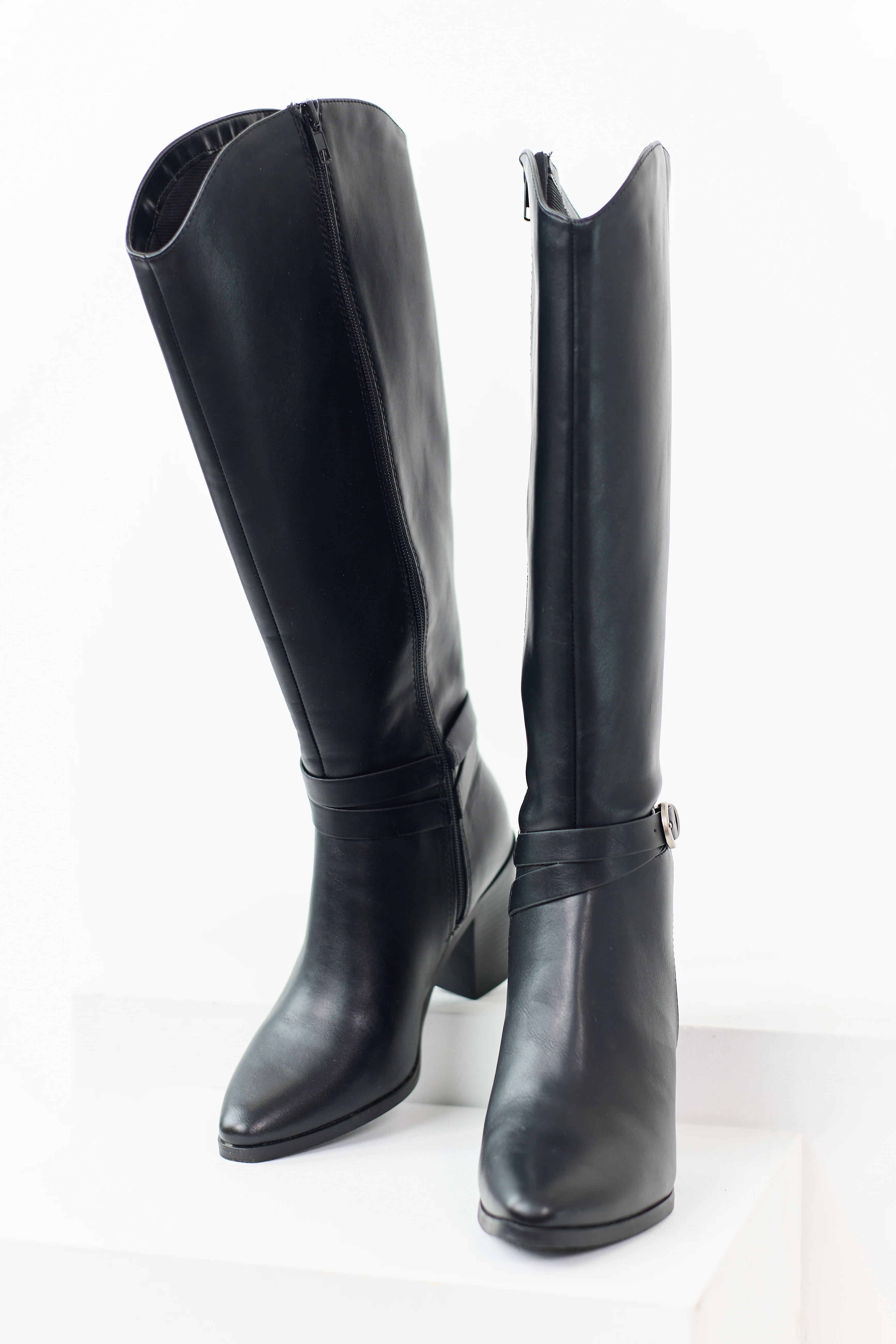 Black Faux Leather Ankle Strap Tall Boots - Image 4
