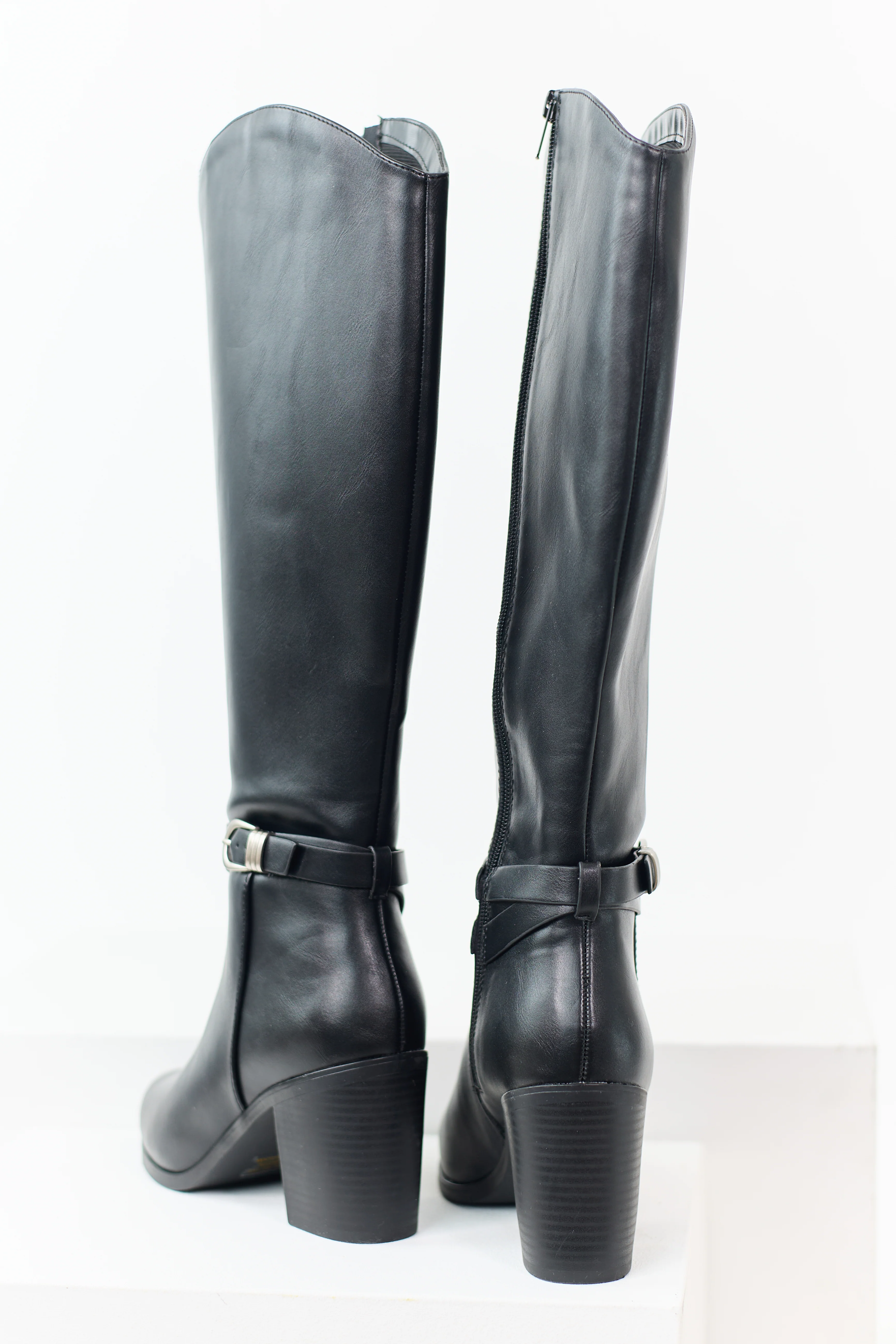Black Faux Leather Ankle Strap Tall Boots - Image 5