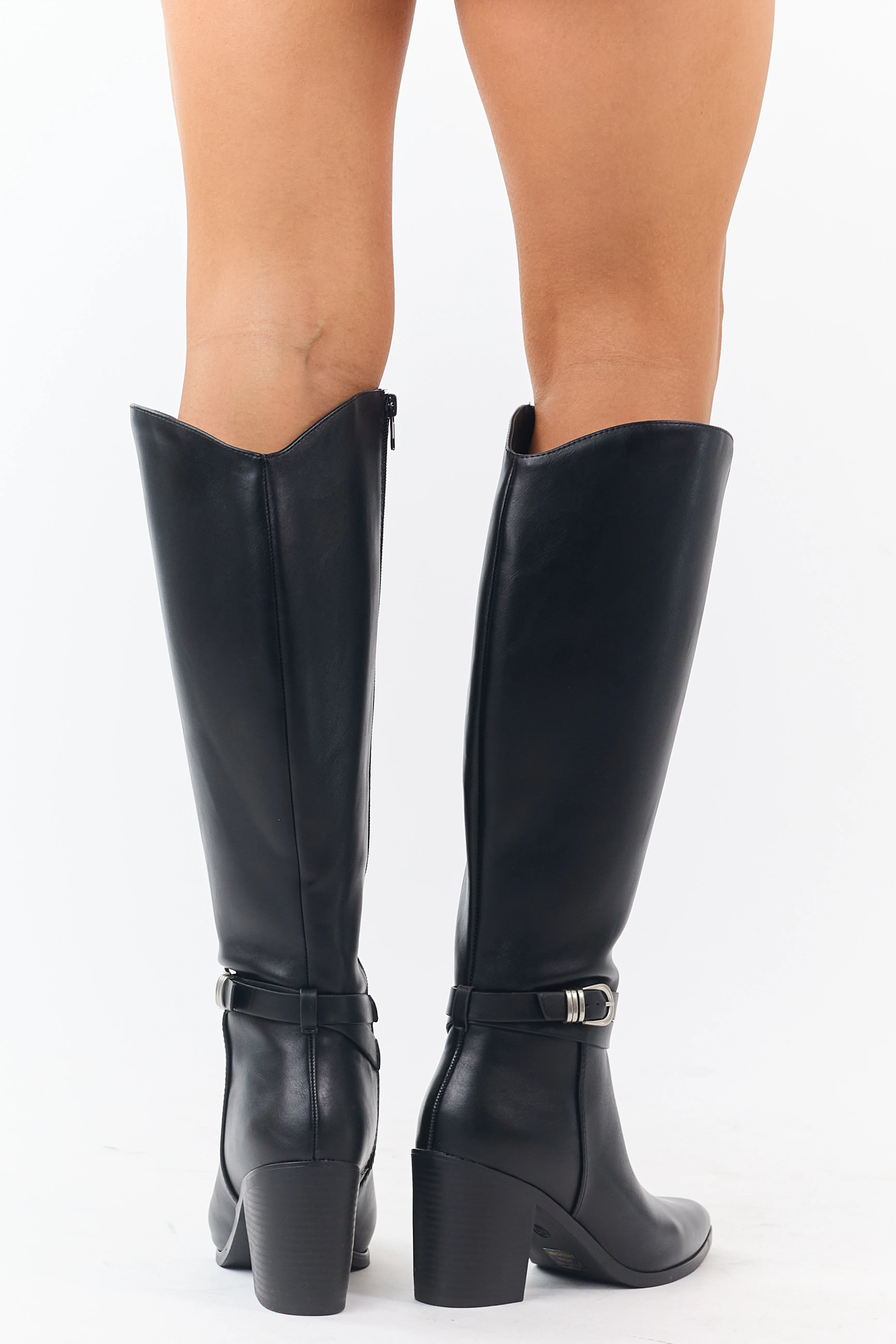 Black Faux Leather Ankle Strap Tall Boots - Image 6