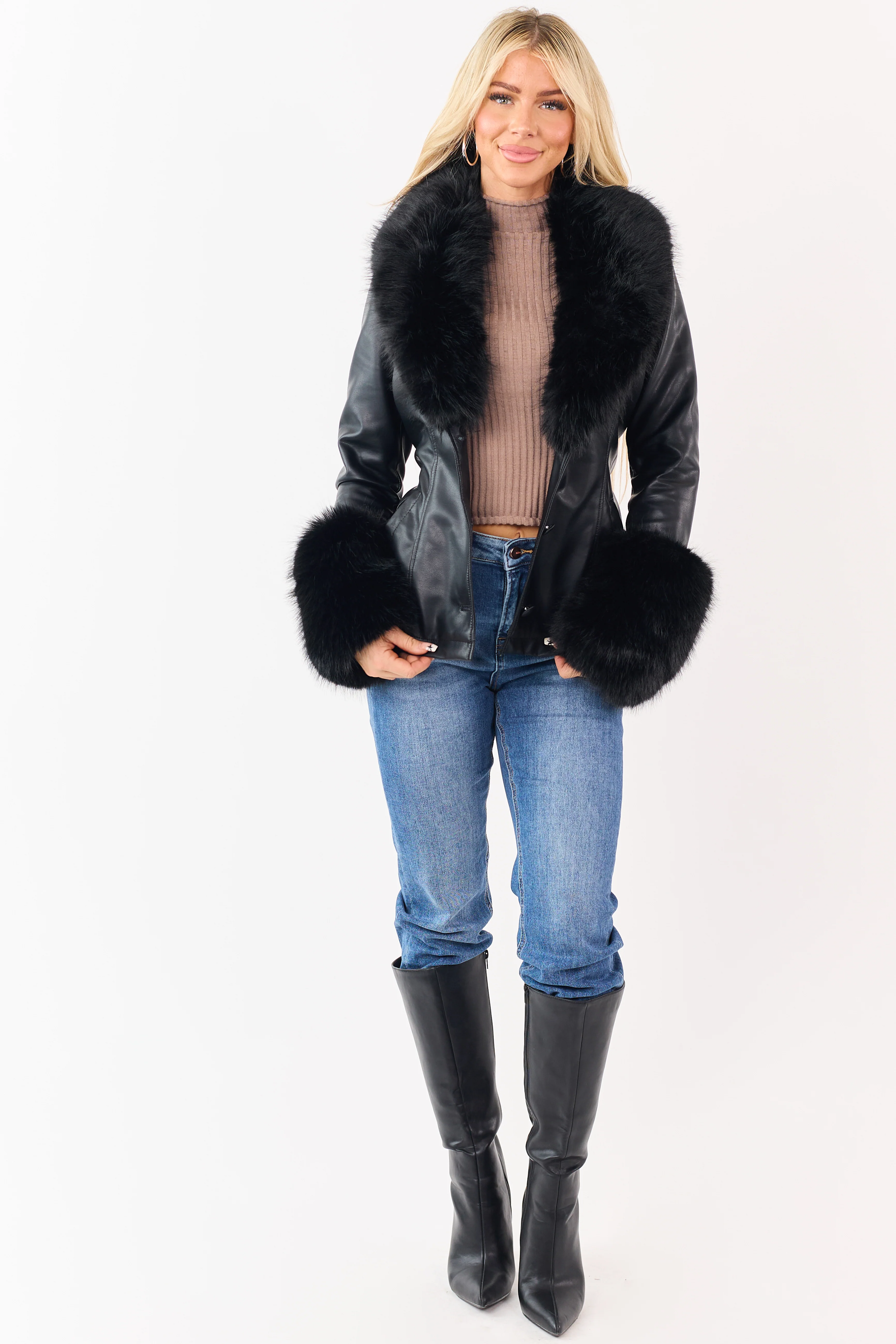 Black Faux Leather Belted Faux Fur Trim Coat - Image 4