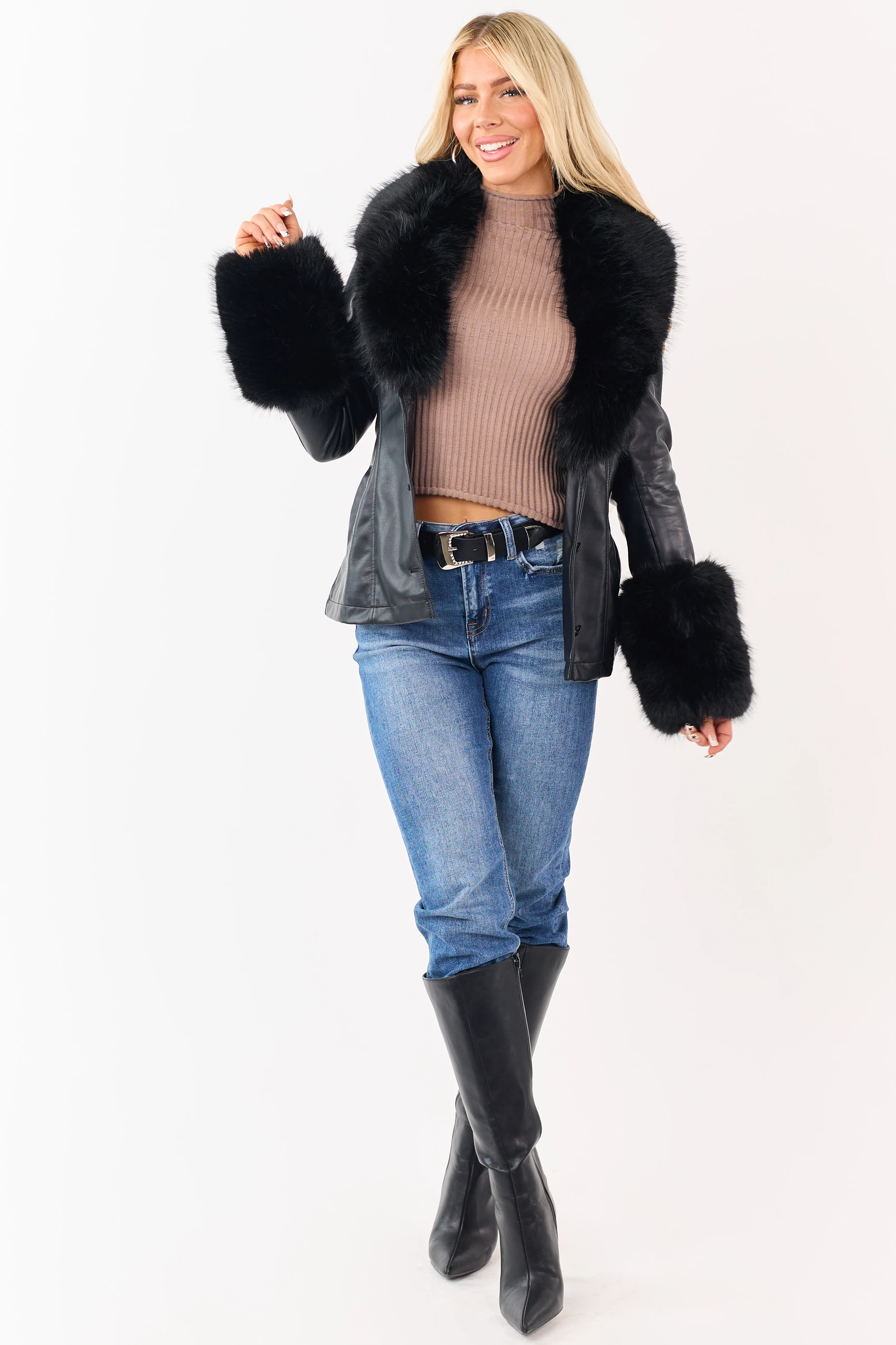 Black Faux Leather Belted Faux Fur Trim Coat - Image 5