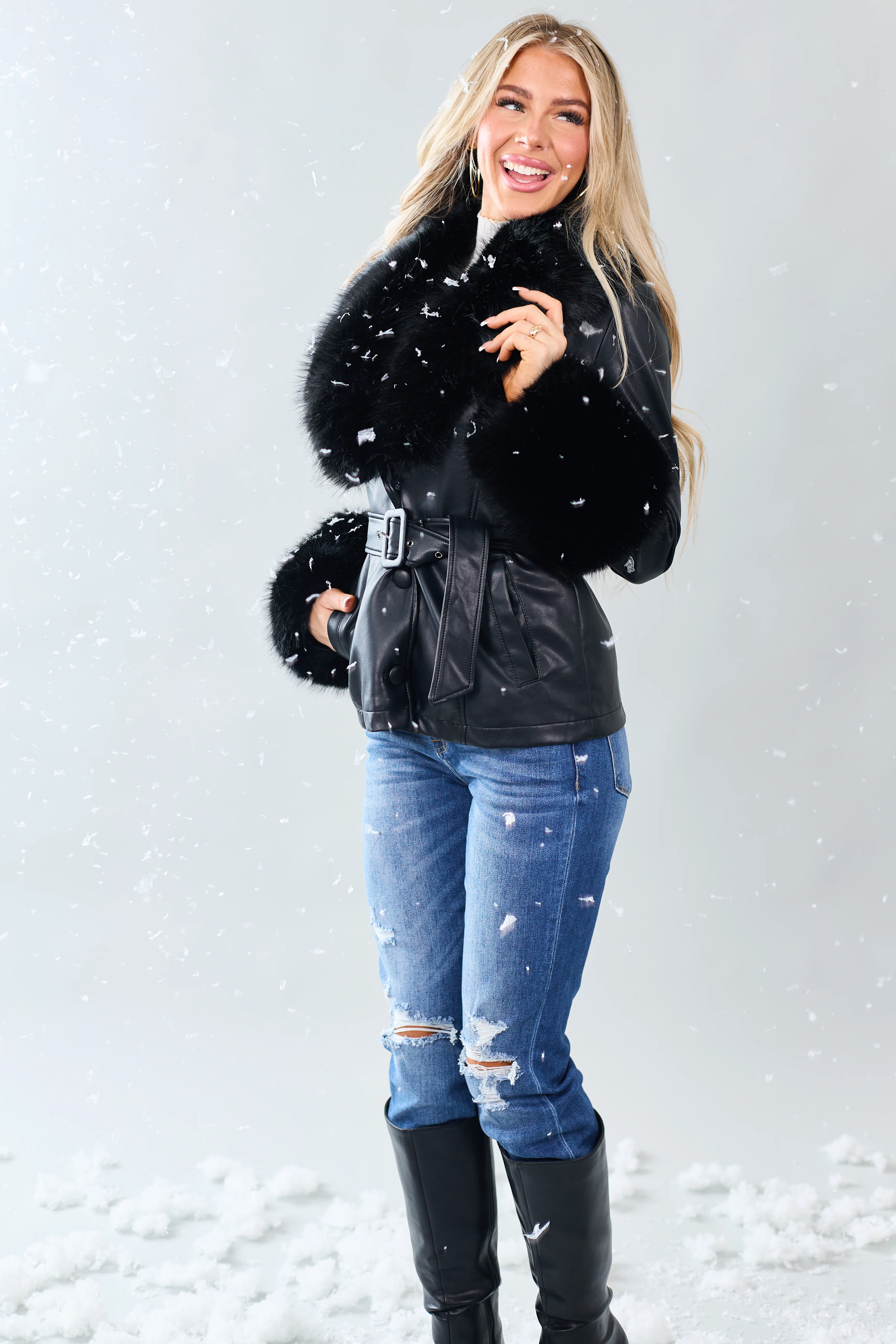 Black Faux Leather Belted Faux Fur Trim Coat - Image 9