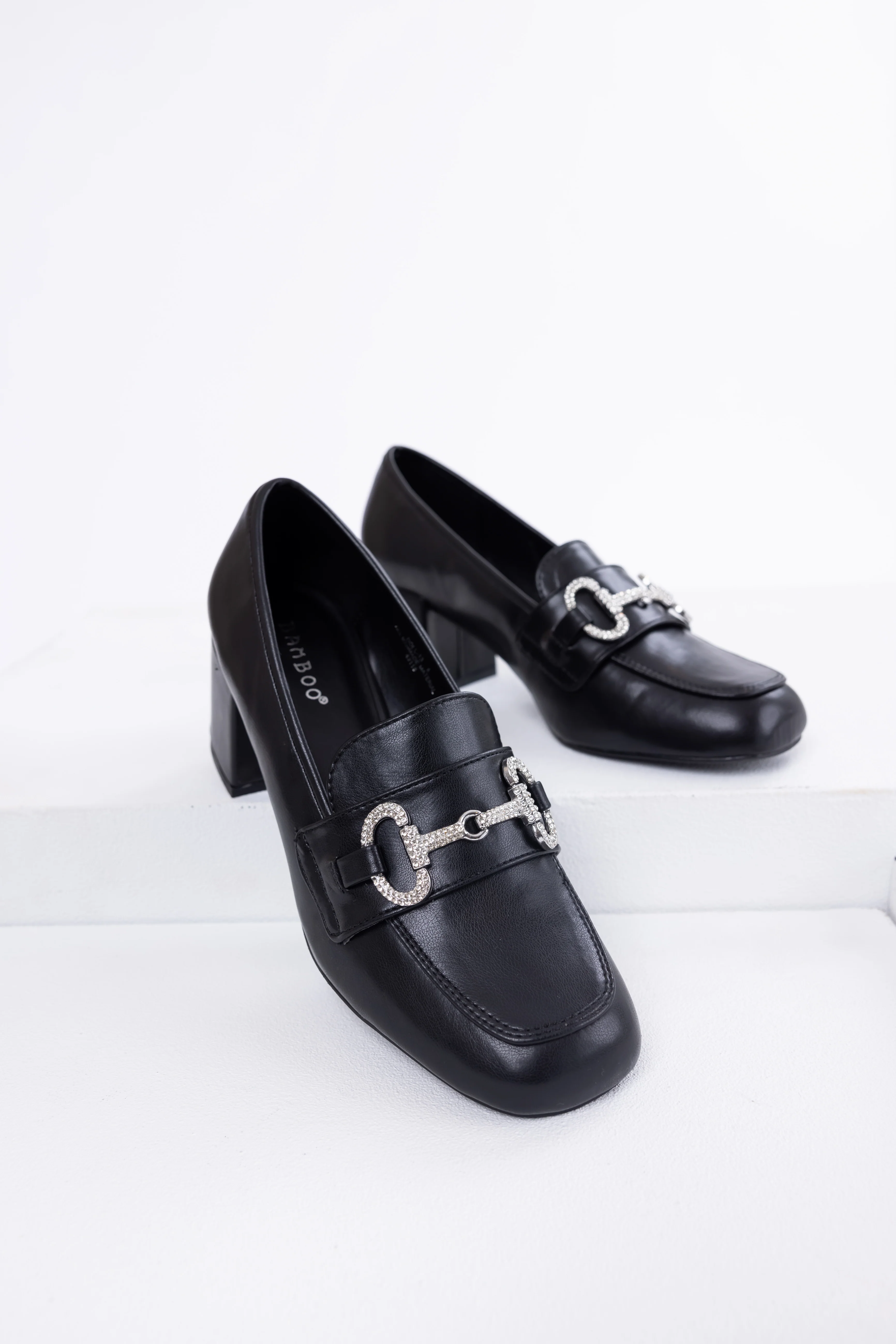 Black Faux Leather Block Heel Loafers - Image 2
